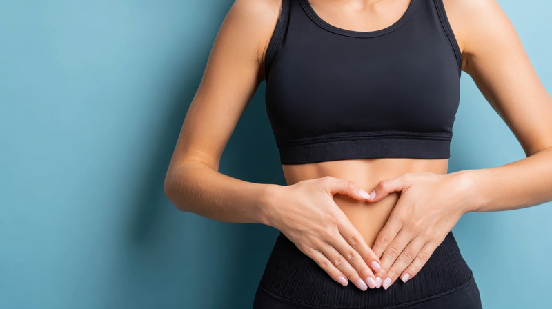Portrait of a woman with a heart shaped hand gesture on her stomach emphasizing gut health and wellness against a blue backdrop Focus on weight loss fitness and self care in a studio 
