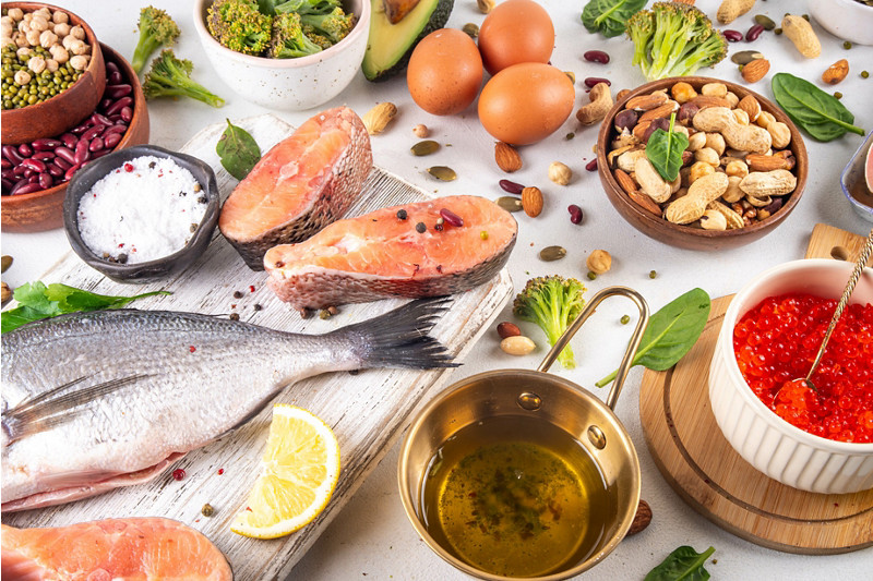Variety food rich in Omega-3, ALA, EPA, DHA healthy fatty acids sources, Animal and vegetable sources of omega3, healthy fats, vitamin and antioxidants. Healthy keto and low carb diet food