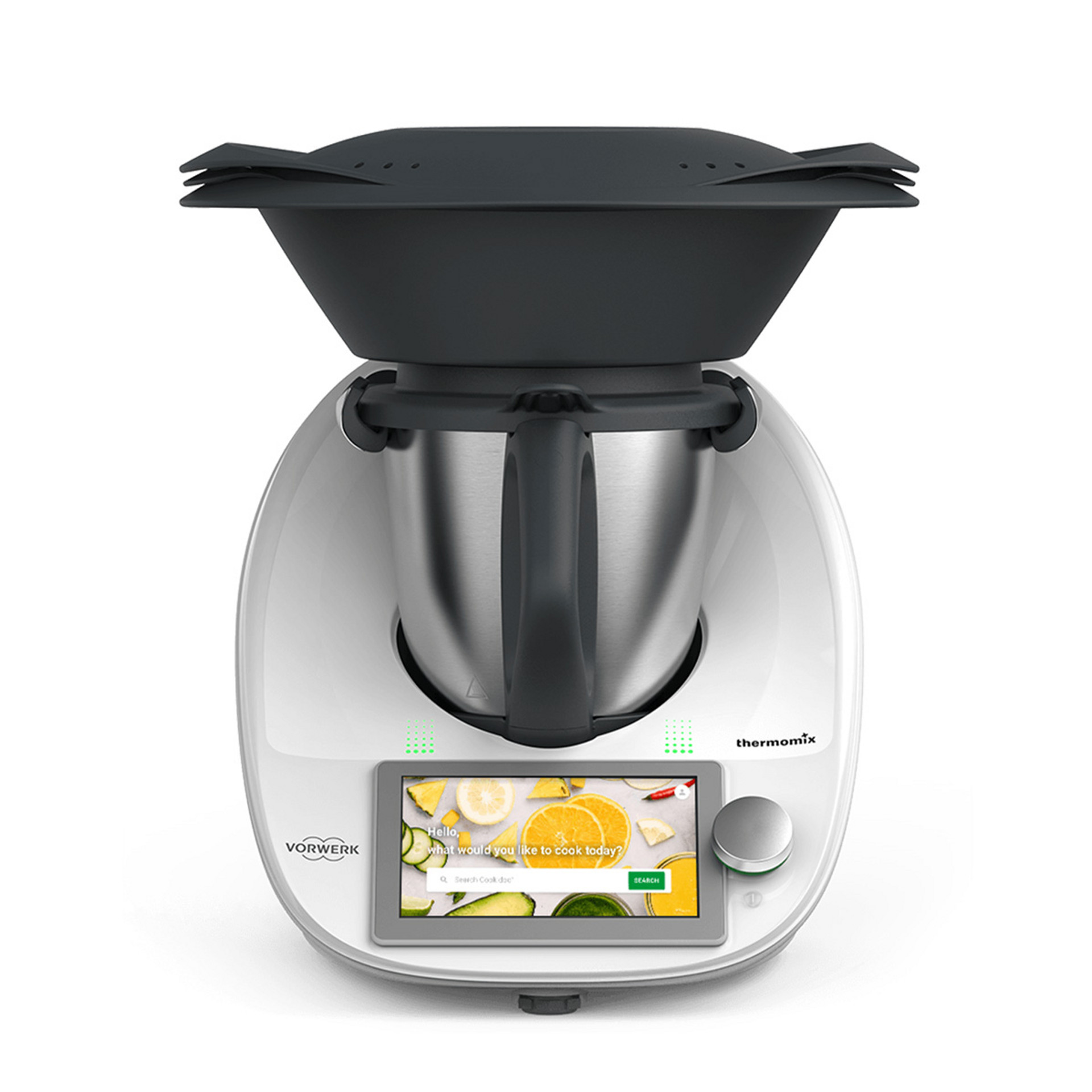 Thermomix® TM6 z przystawką Varoma do gotowania na parze, widoczny ekran dotykowy, pozycja frontowa.