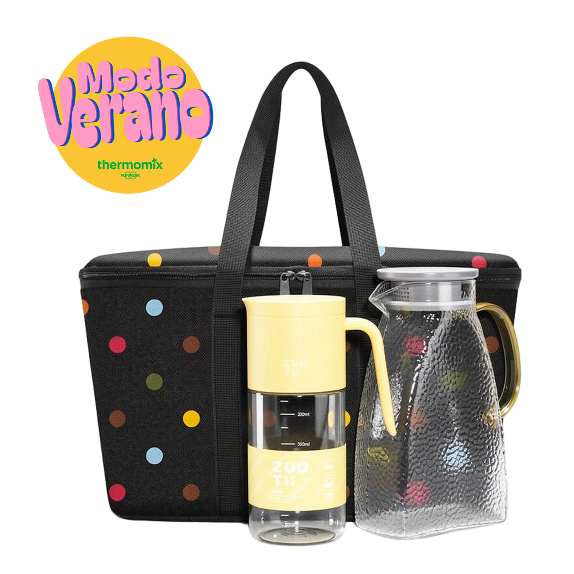 Bolsa nevera de lunares, taza amarilla con infusor y jarra de vidrio; logotipo "Modo Verano Thermomix".