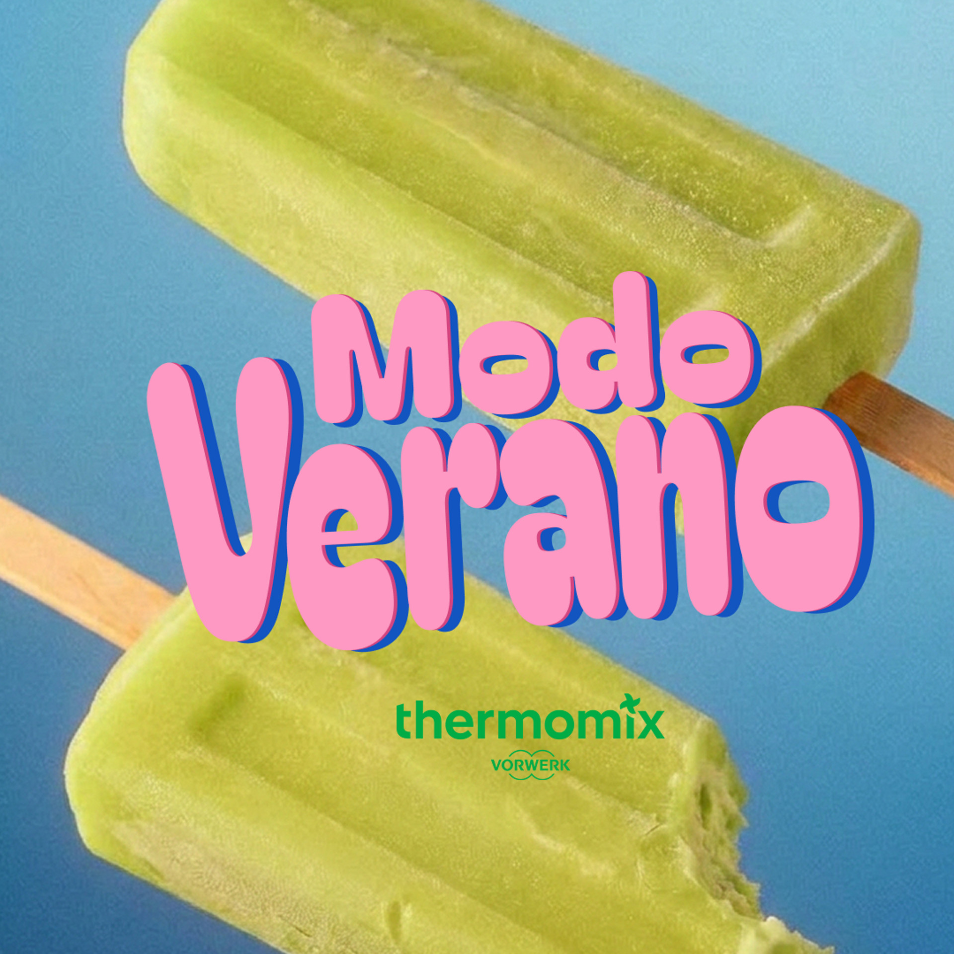 Dos polos verdes con palito, texto "Modo Verano" y logo Thermomix® TM6 España sobre fondo azul.