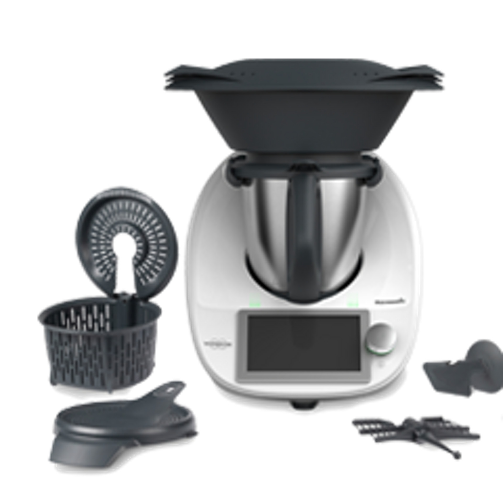 Thermomix® TM6 con Varoma, vaso de mezcla, cubilete, cestillo, espátula, mariposa y accesorios, vista frontal.