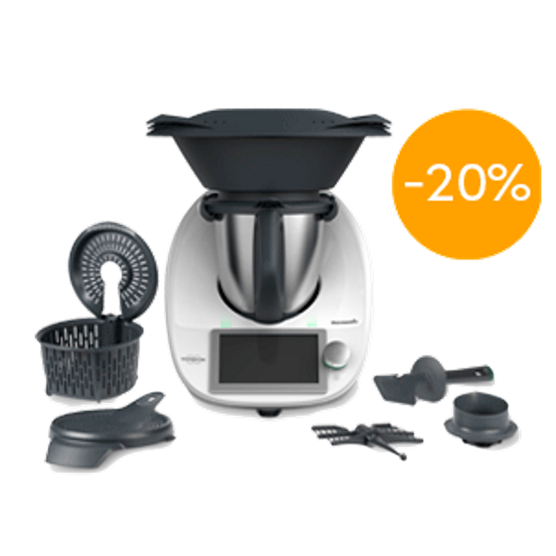 Thermomix® TM6 con accesorios y distintivo de -20% de descuento, vista frontal.