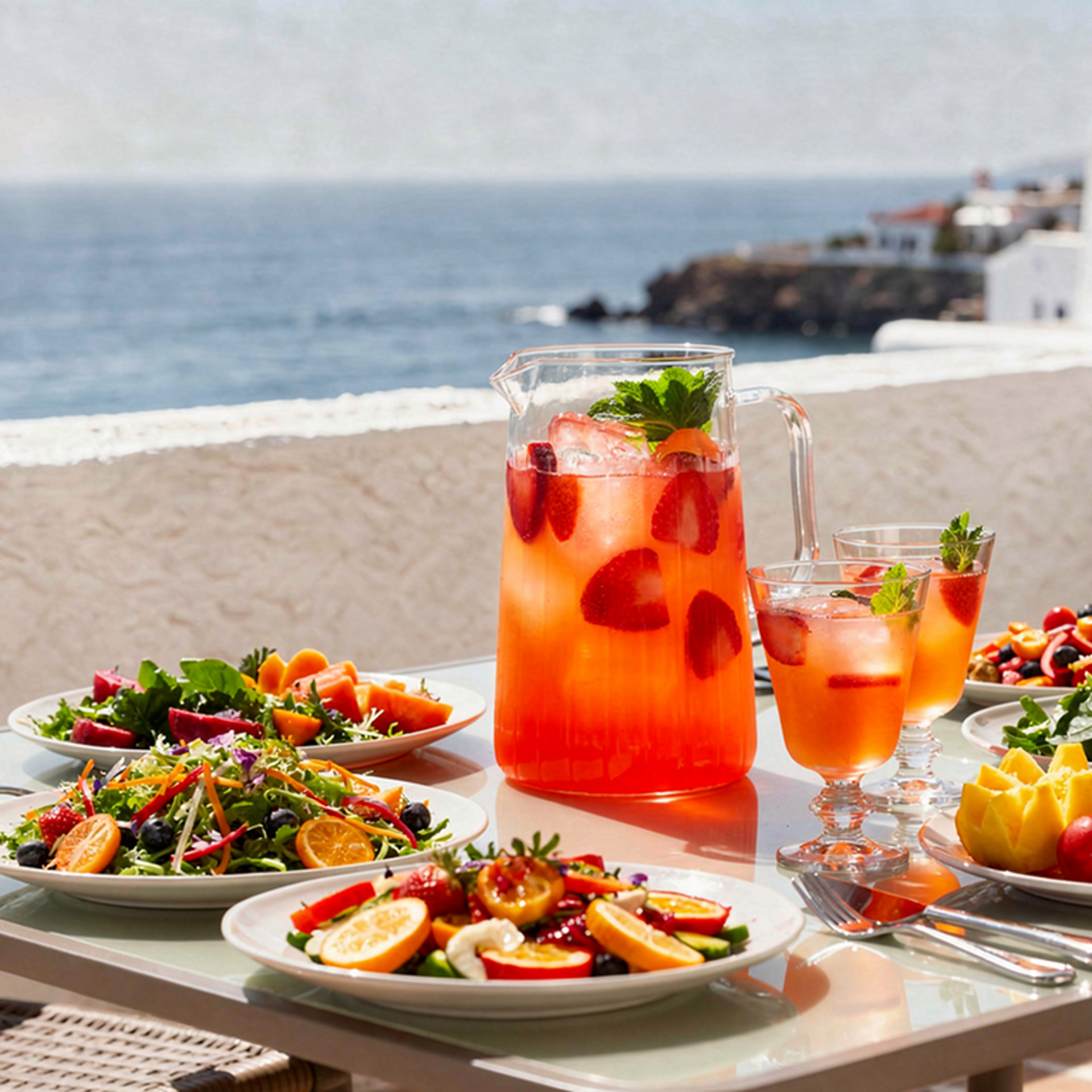 Platos de ensalada y jarra de bebida de frutas sobre una mesa exterior con vistas al mar y luz natural intensa.