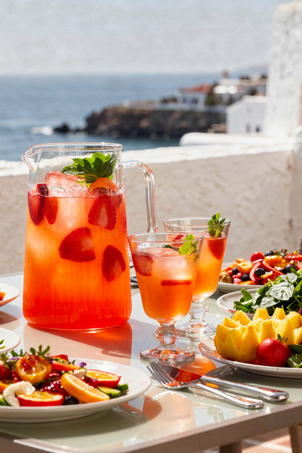 Platos de ensalada y jarra de bebida de frutas sobre una mesa exterior con vistas al mar y luz natural intensa.