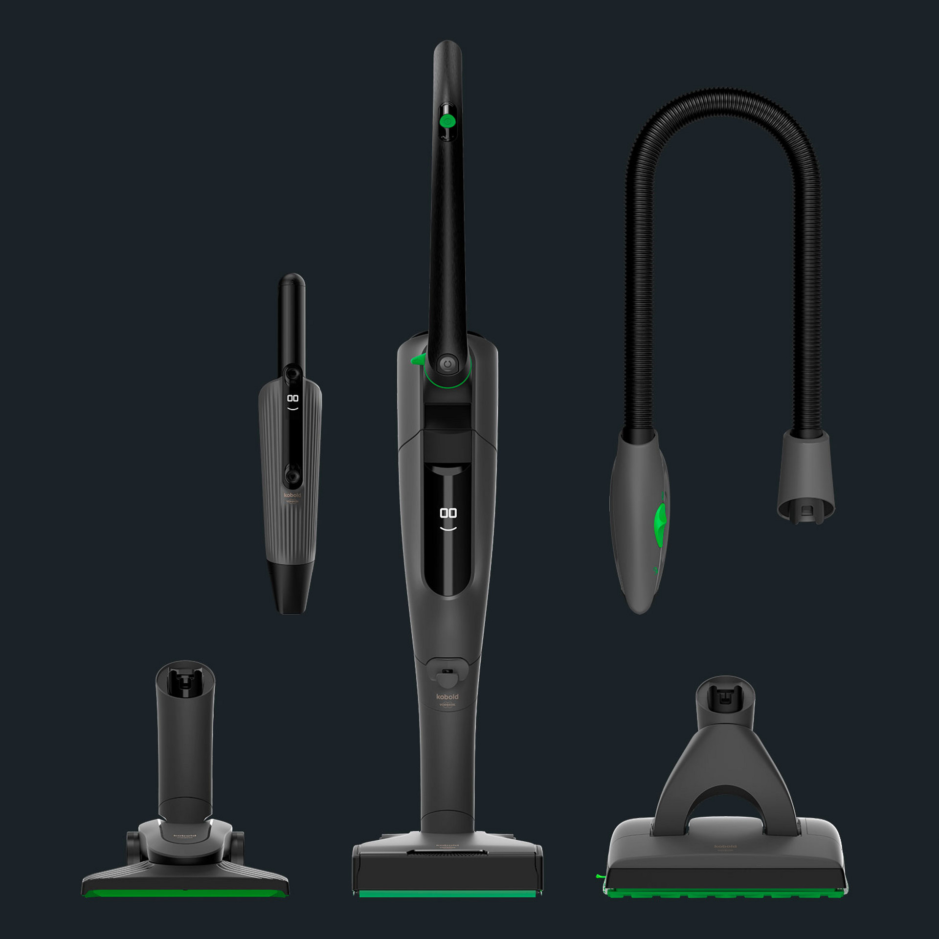 Cinco accesorios y unidades Kobold VK7 Black Edition ordenados sobre fondo oscuro.