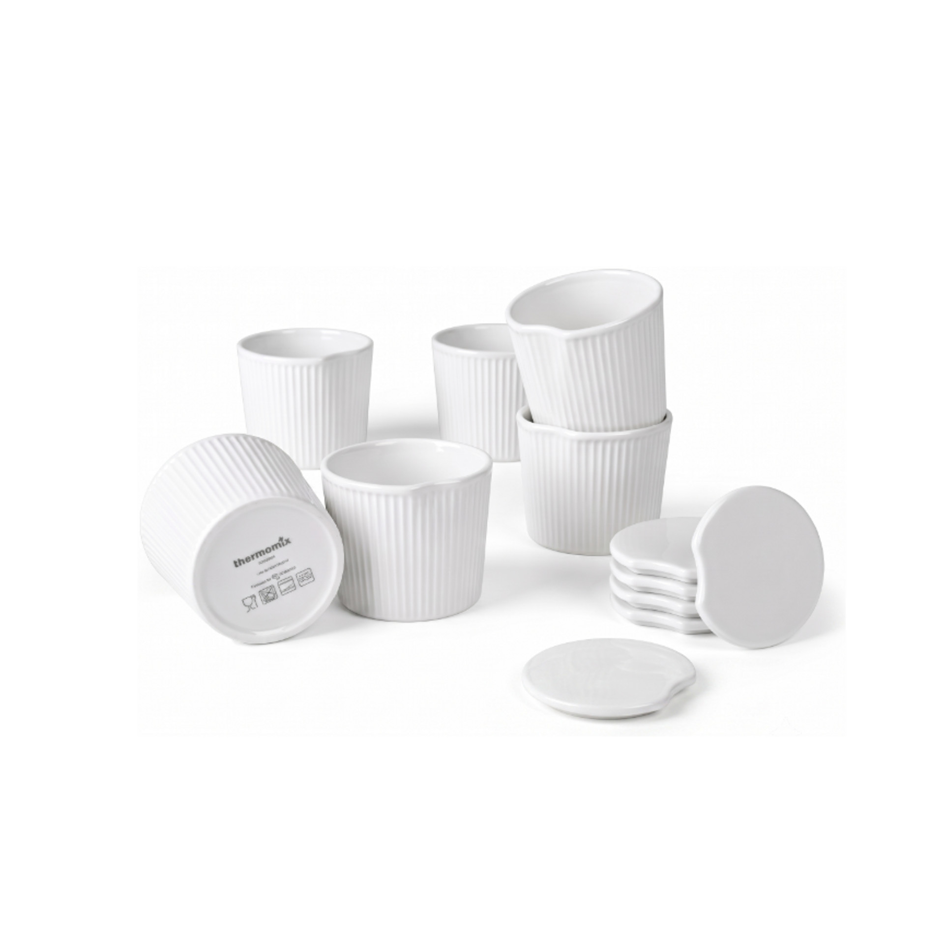 Białe ryflowane foremki porcelanowe Thermomix® z przykrywkami