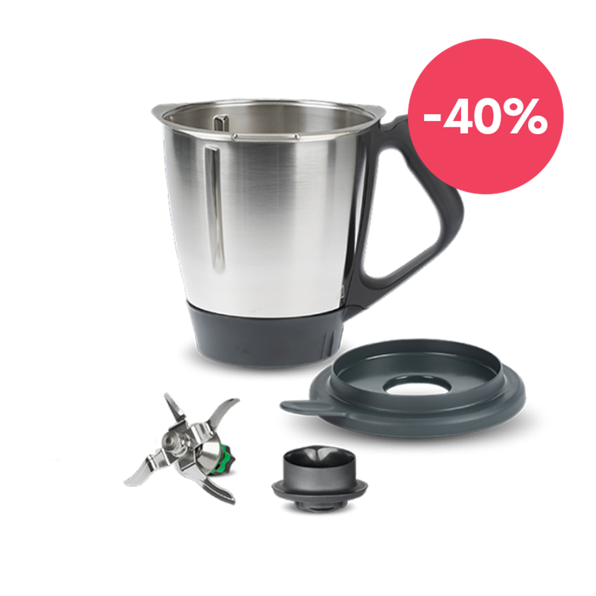 Ensemble bol de mixage Thermomix® TM6 avec couvercle, couteau et gobelet doseur, mis en avant par un badge -40% rouge.