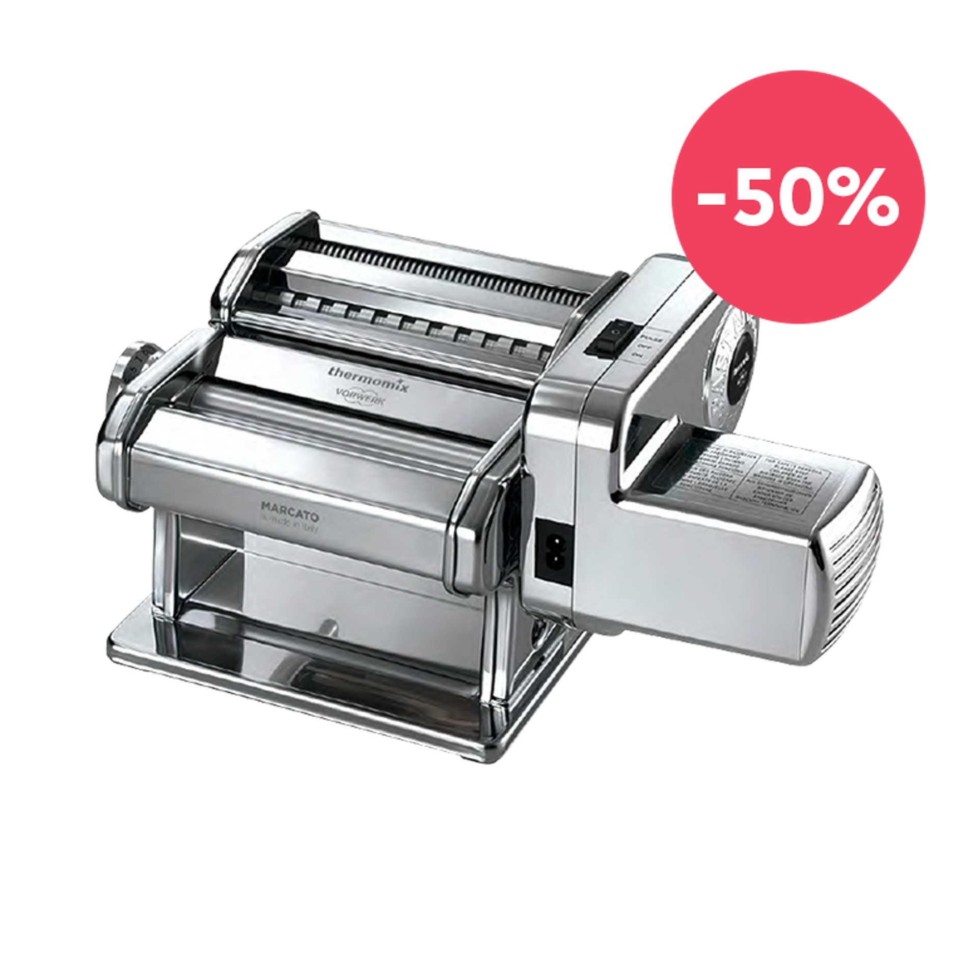 Accessoire machine à pâtes en acier inoxydable pour Thermomix® avec badge rouge -50% en haut à droite.