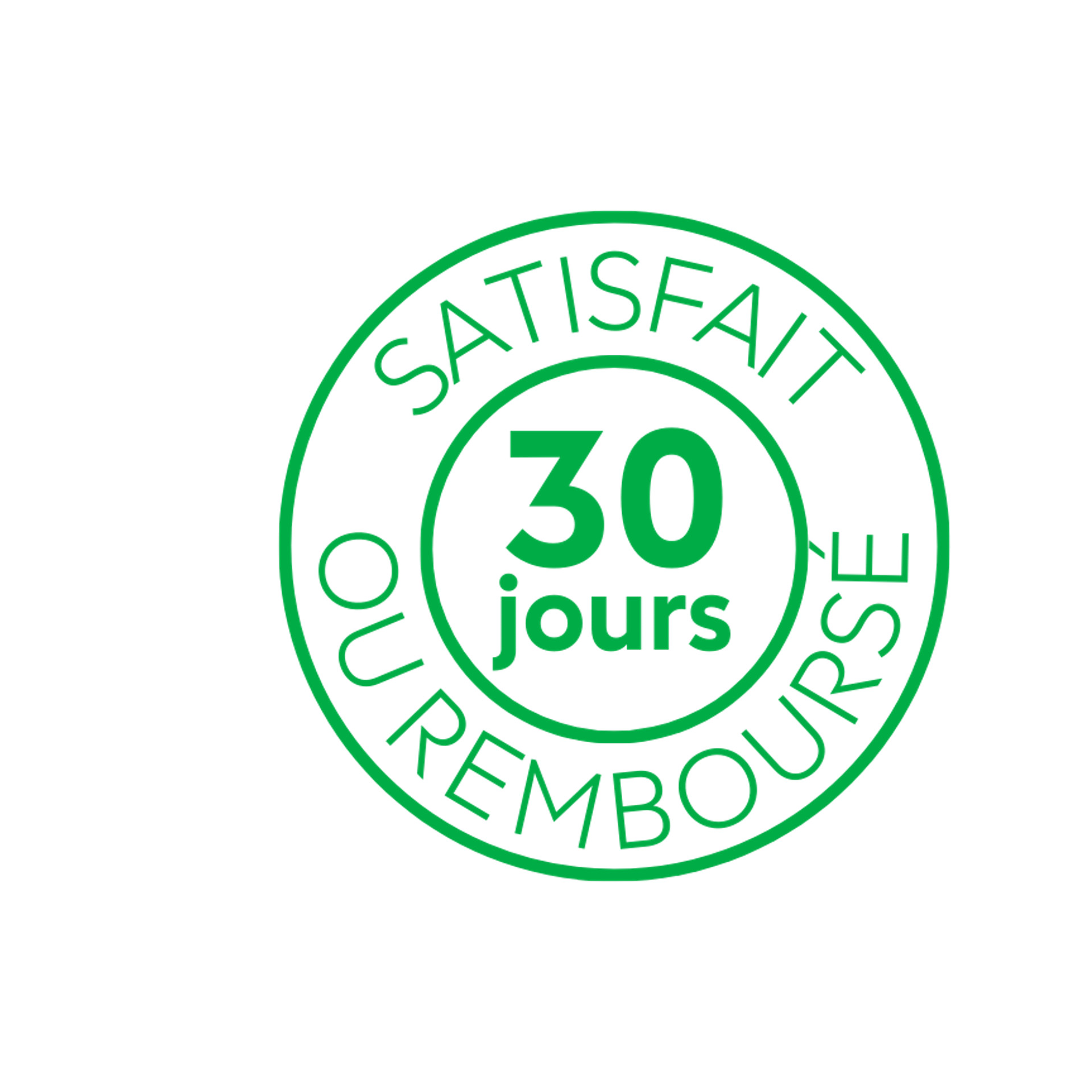 Tampon rond vert “30 jours satisfait ou remboursé”, pour garantie de satisfaction ou remboursement sous 30 jours.