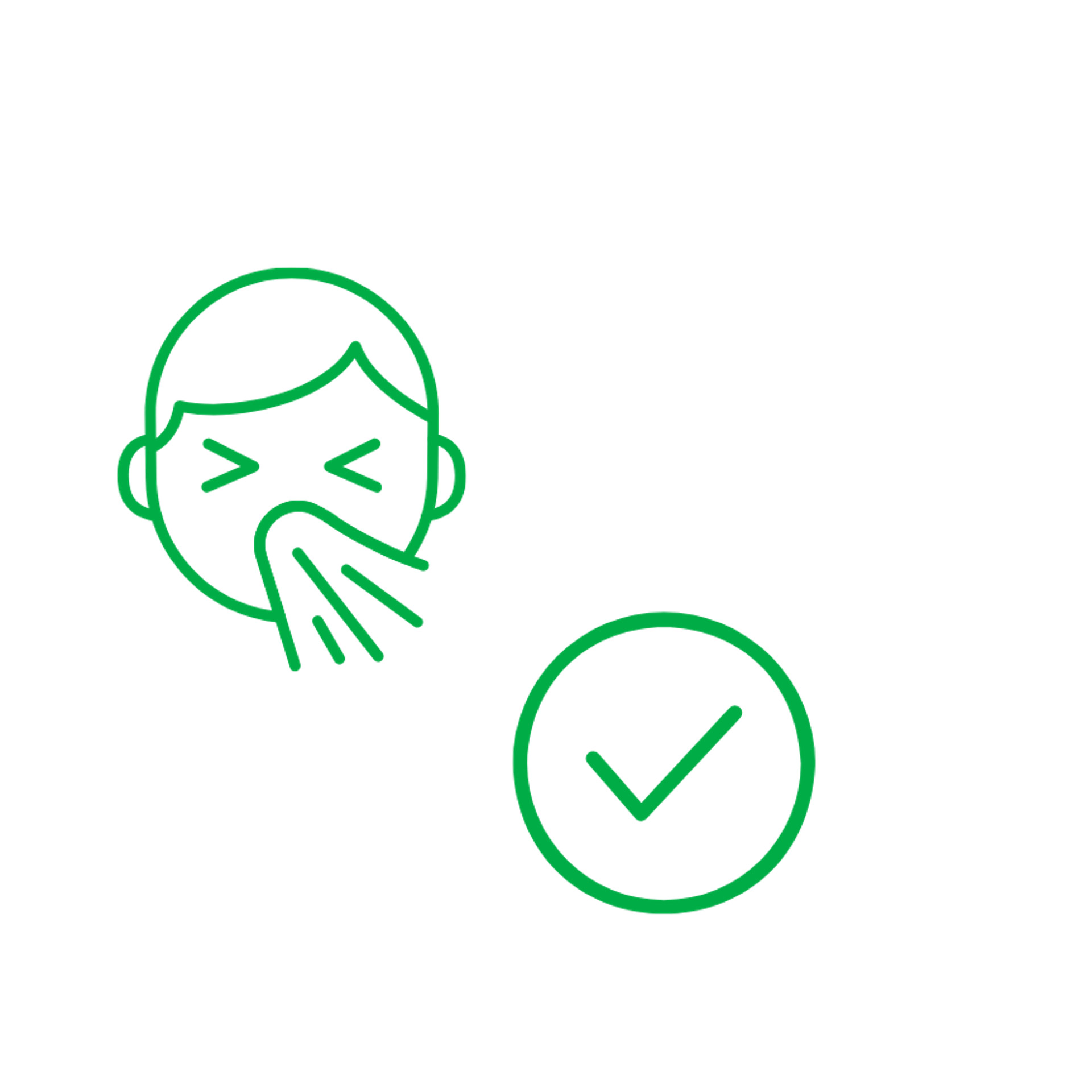Icône verte adapté aux allergiques avec une personne éternuant et une coche.