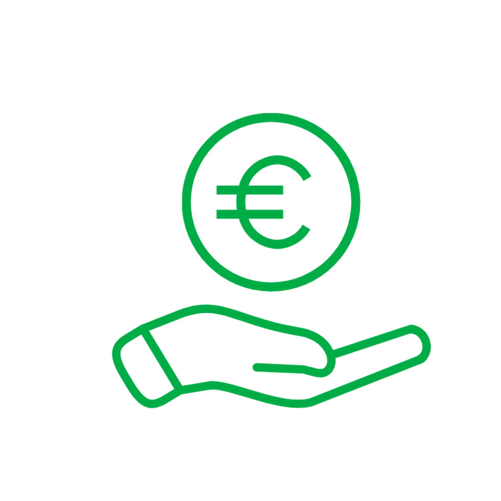Main verte stylisée tenant un symbole euro, représentant la finance ou le paiement.