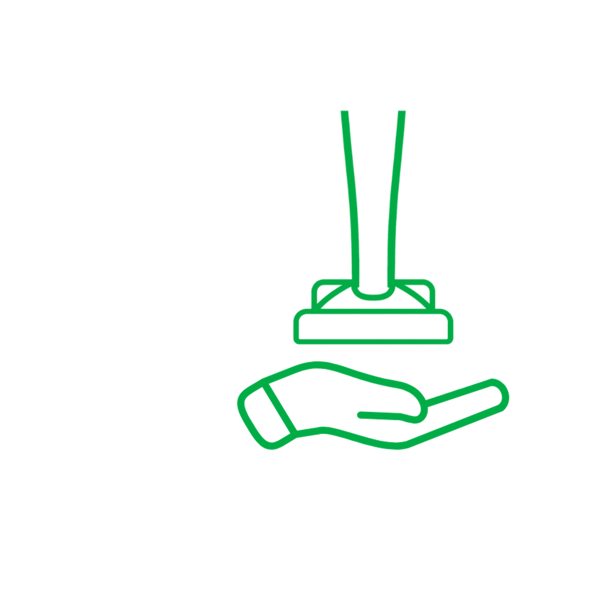 Icône verte en contour d'une main tenant un aspirateur vertical, symbolisant une manipulation facile ou un nettoyage portable.
