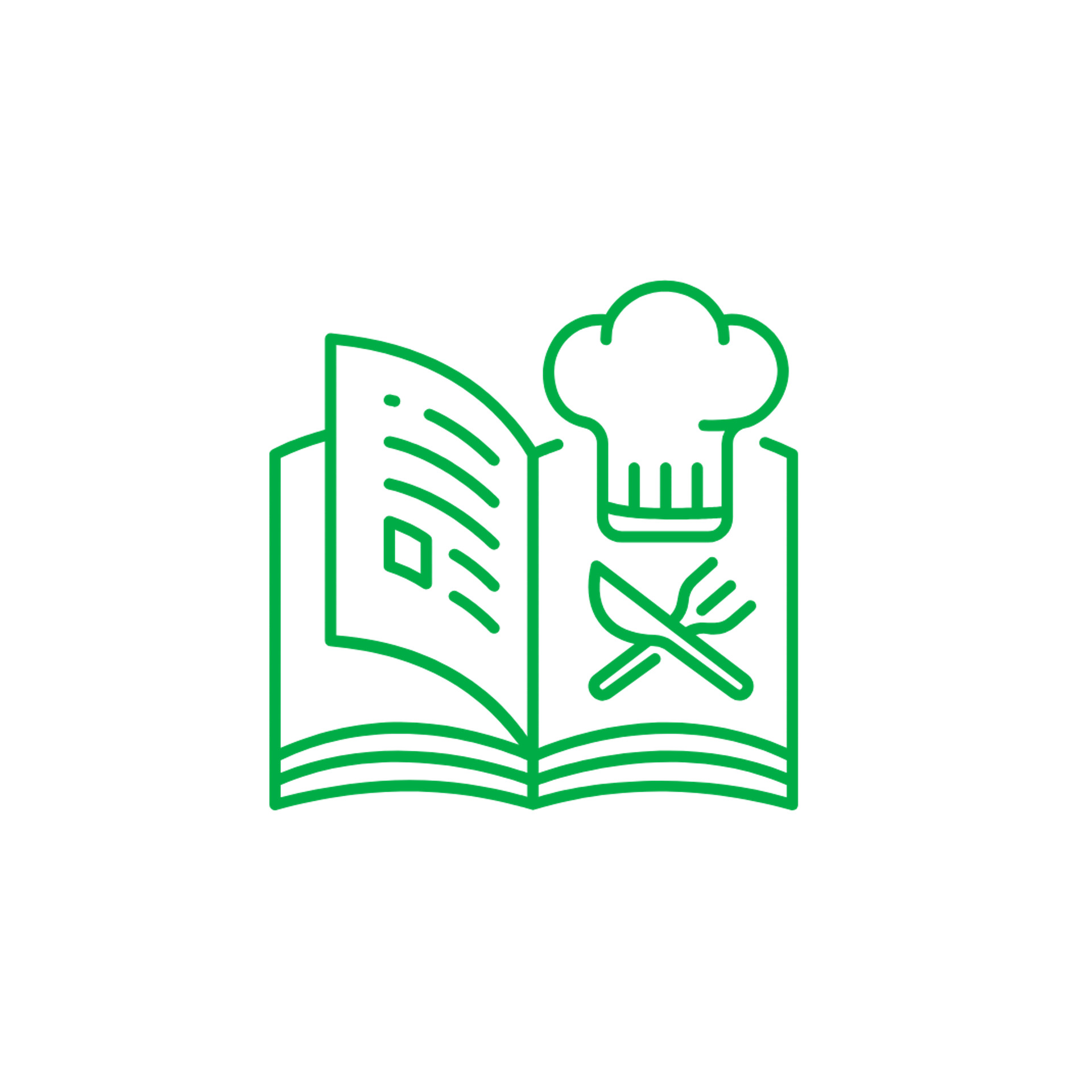 Contour vert d'un livre de cuisine avec toque et ustensiles croisés, représentant la cuisine ou des recettes.