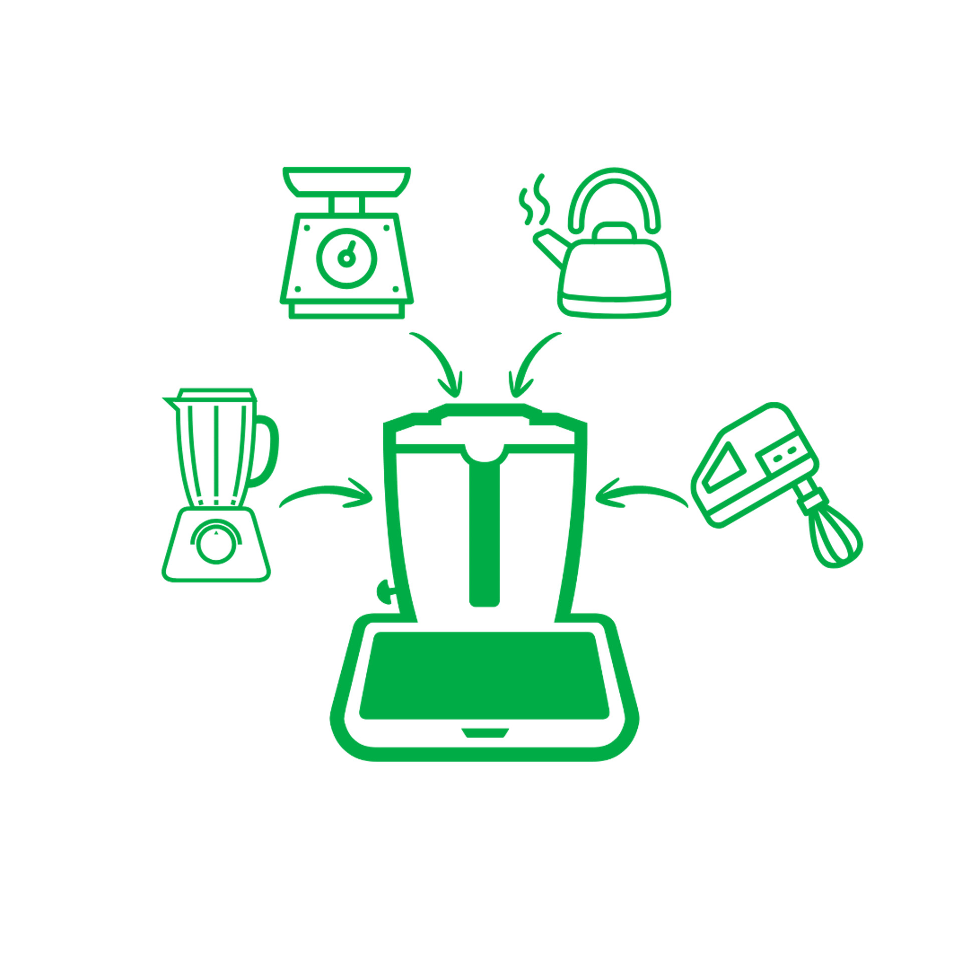 Dessin vert montre Thermomix® TM7 remplaçant balance, blender, bouilloire et batteur de cuisine.