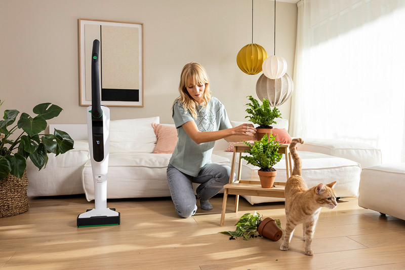 Une femme ramasse la plante que son chat vient de faire tomber