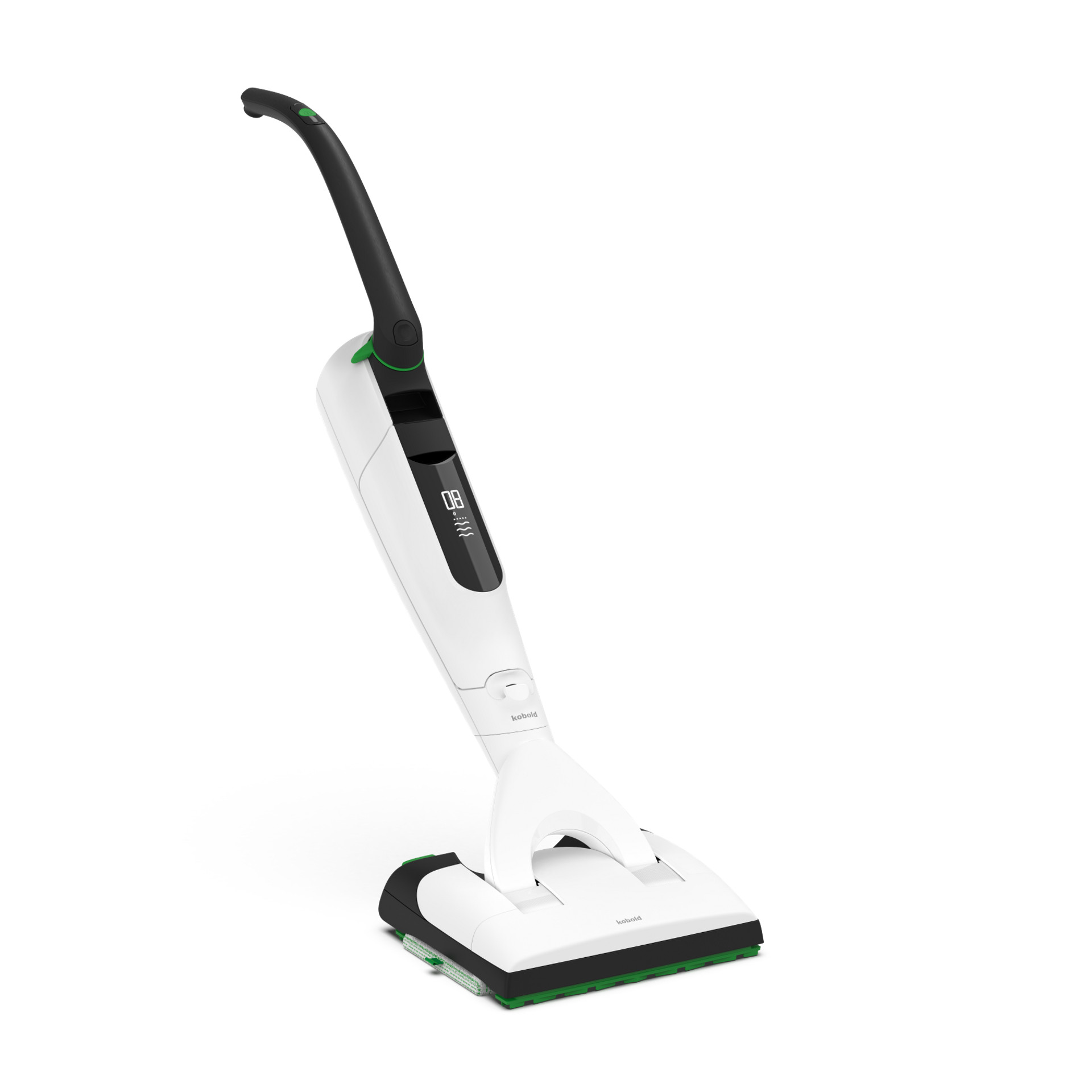 Aspirateur laveur sans fil Kobold VK7 avec brosse DuoSpeed SP7 en vue latérale dynamique sur fond blanc.