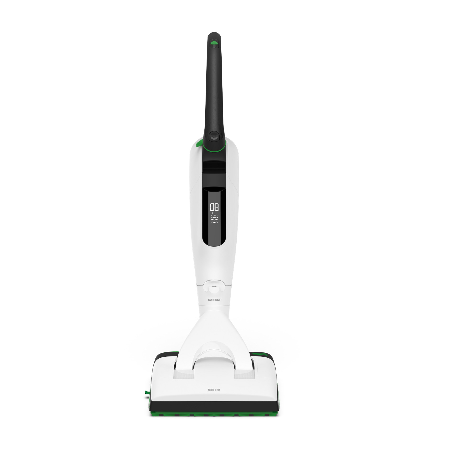 Aspirateur laveur sans fil Kobold VK7 avec brosse DuoSpeed SP7, vue de face, afficheur et poignée visibles.