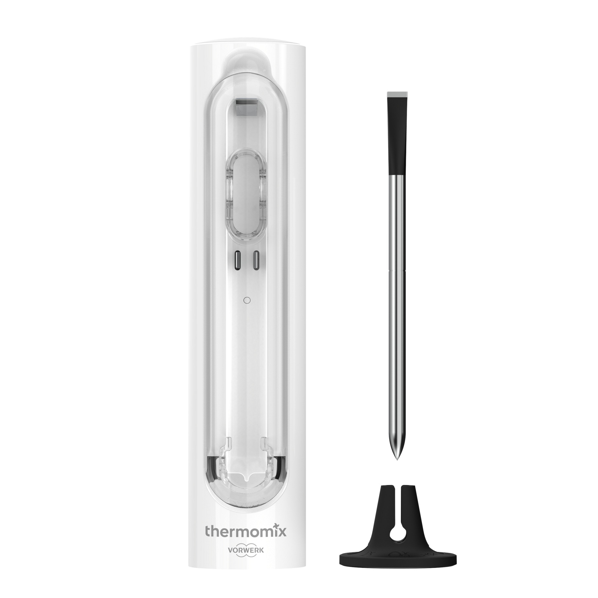 Thermomix® Sensor et sonde avec support, positionnés verticalement pour contrôler précisément la température de cuisson.