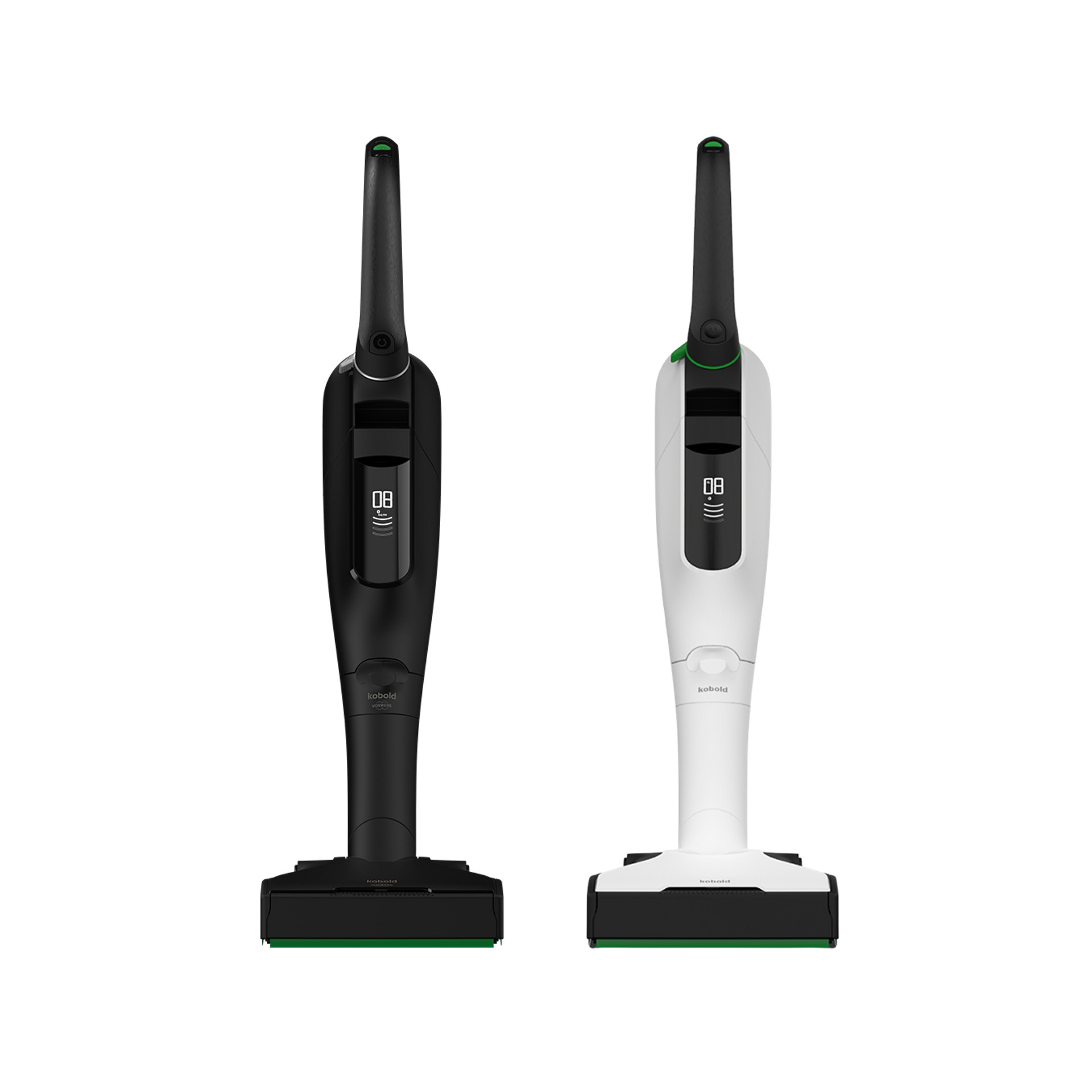 Aspirateur sans fil Kobold VK7 avec brosseur automatique EB7, éditions noire et blanche côte à côte, vue de face.