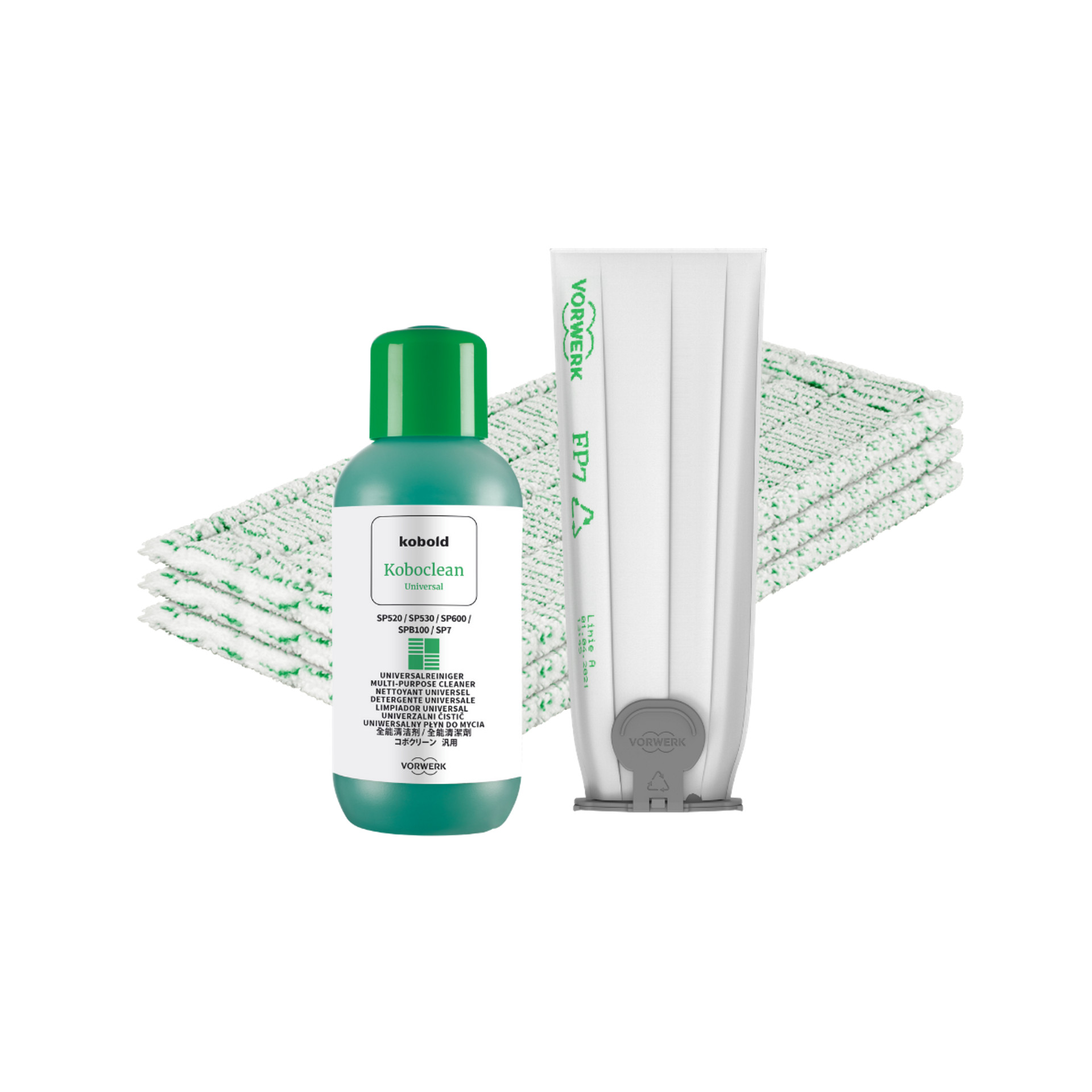Kit d’accessoires de nettoyage Kobold avec bouteille Koboclean, sac filtrant et chiffons pour VK7 ou SP7.