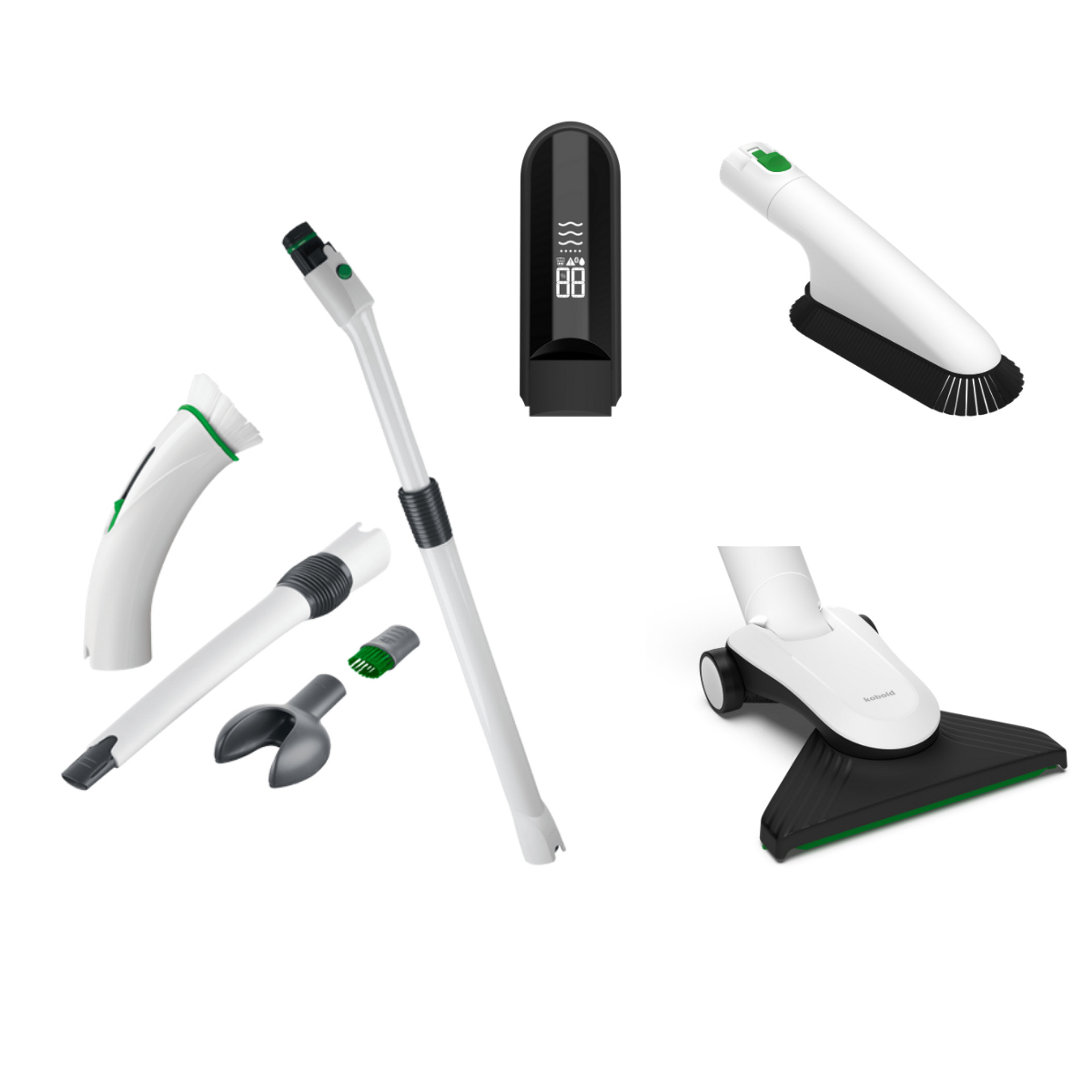 Accessoires Kobold VK7 incluant suceur, brosse textile, embout sol dur, tube d’extension et unité d’affichage.