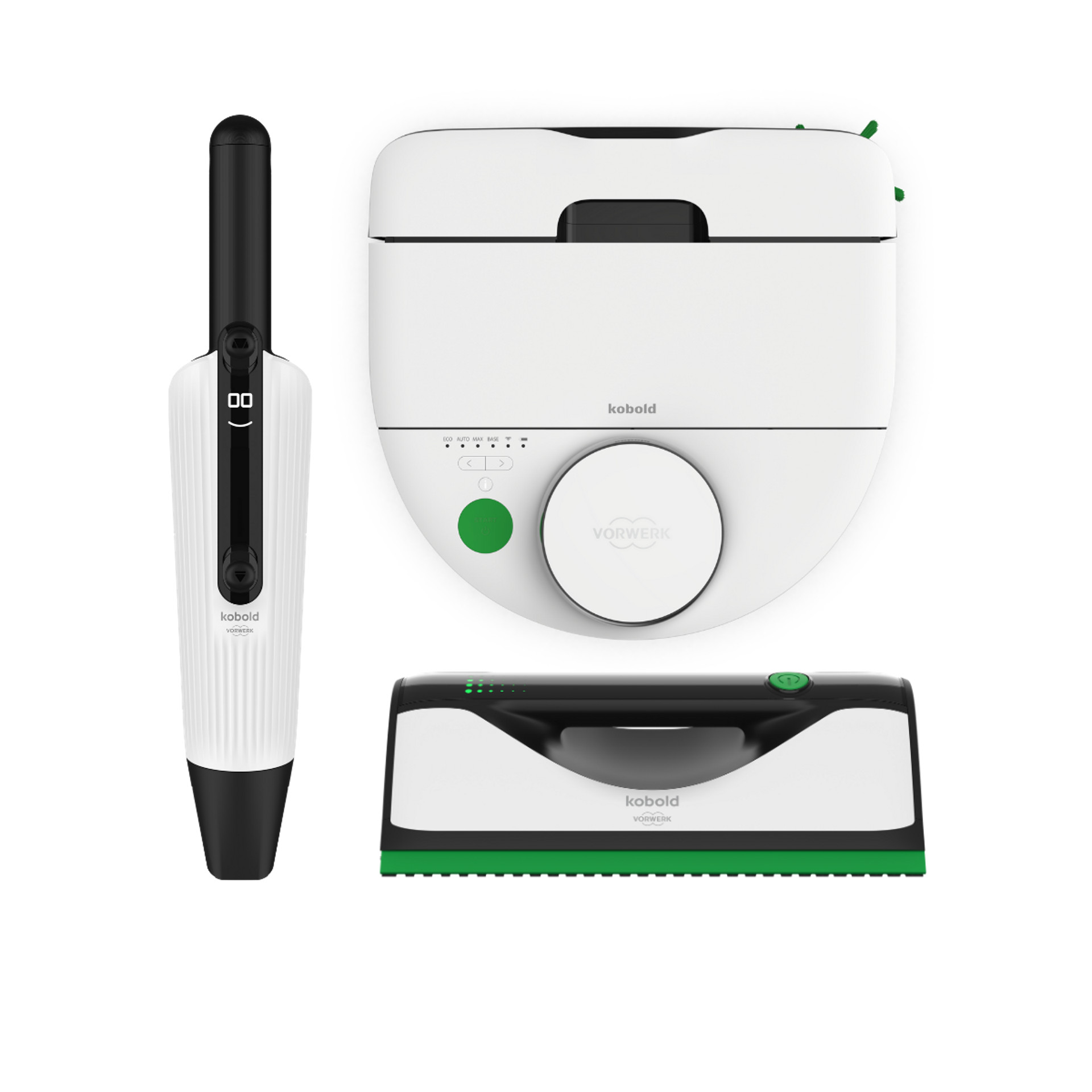 Robot aspirateur VR7, aspirateur de table Kobold VM7 et nettoyeur de vitres Kobold VG100+ montrés ensemble.