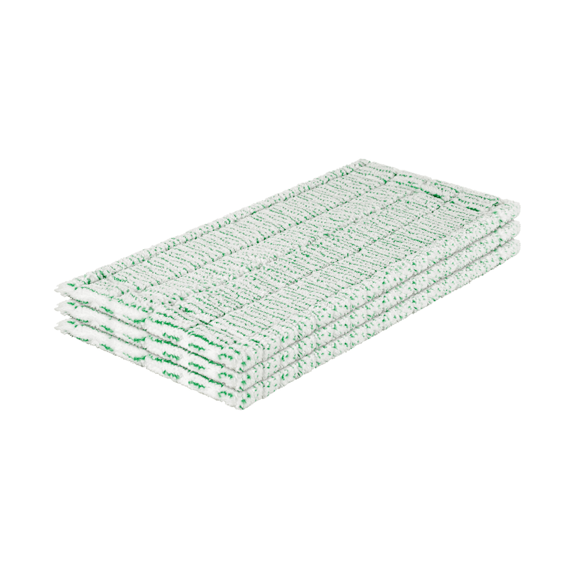 Trois lingettes de nettoyage blanches et vertes pour Kobold VK7 empilées vues de côté sur fond uni