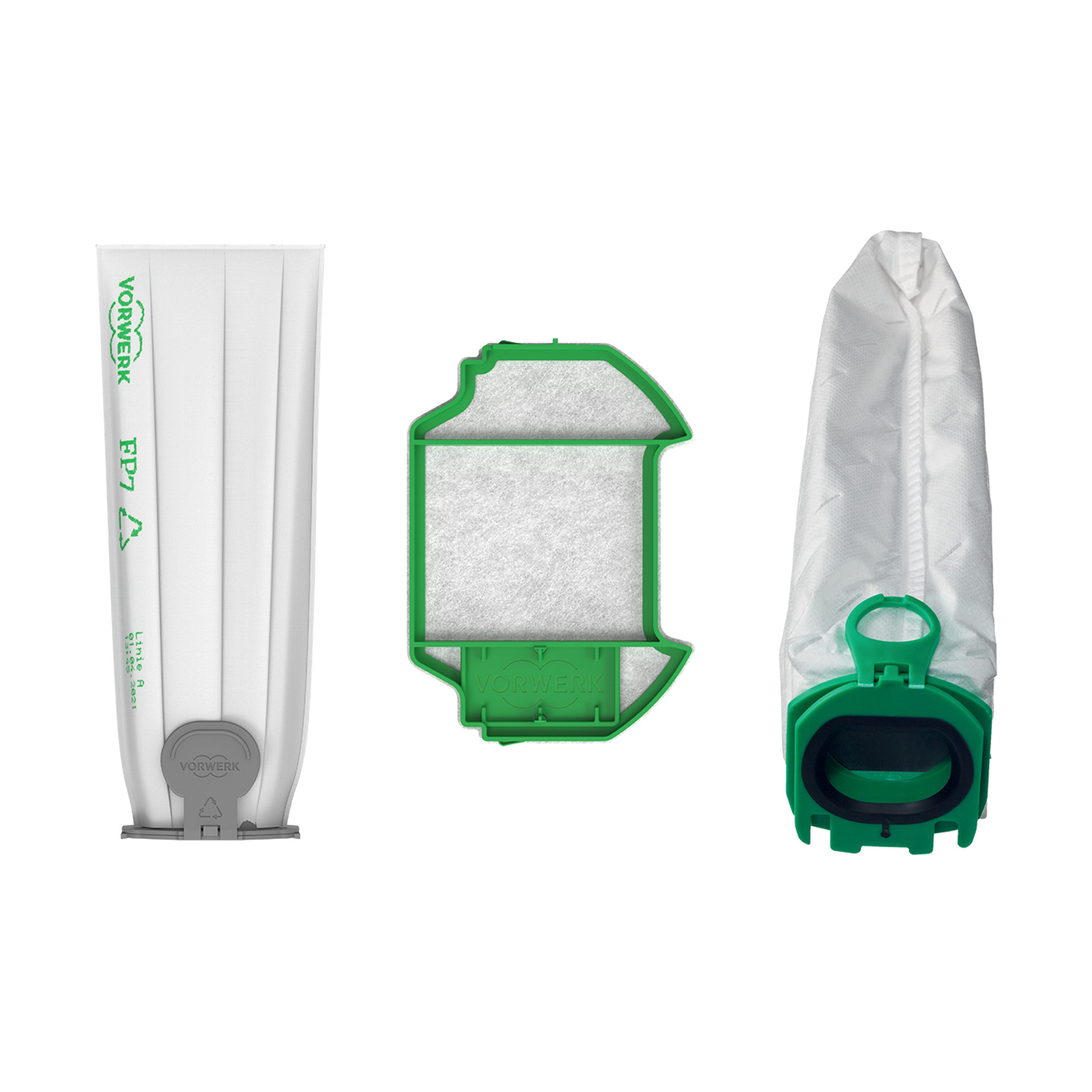 Trois accessoires Kobold sac filtrant cartouche filtrante et sac à poussière sur fond blanc