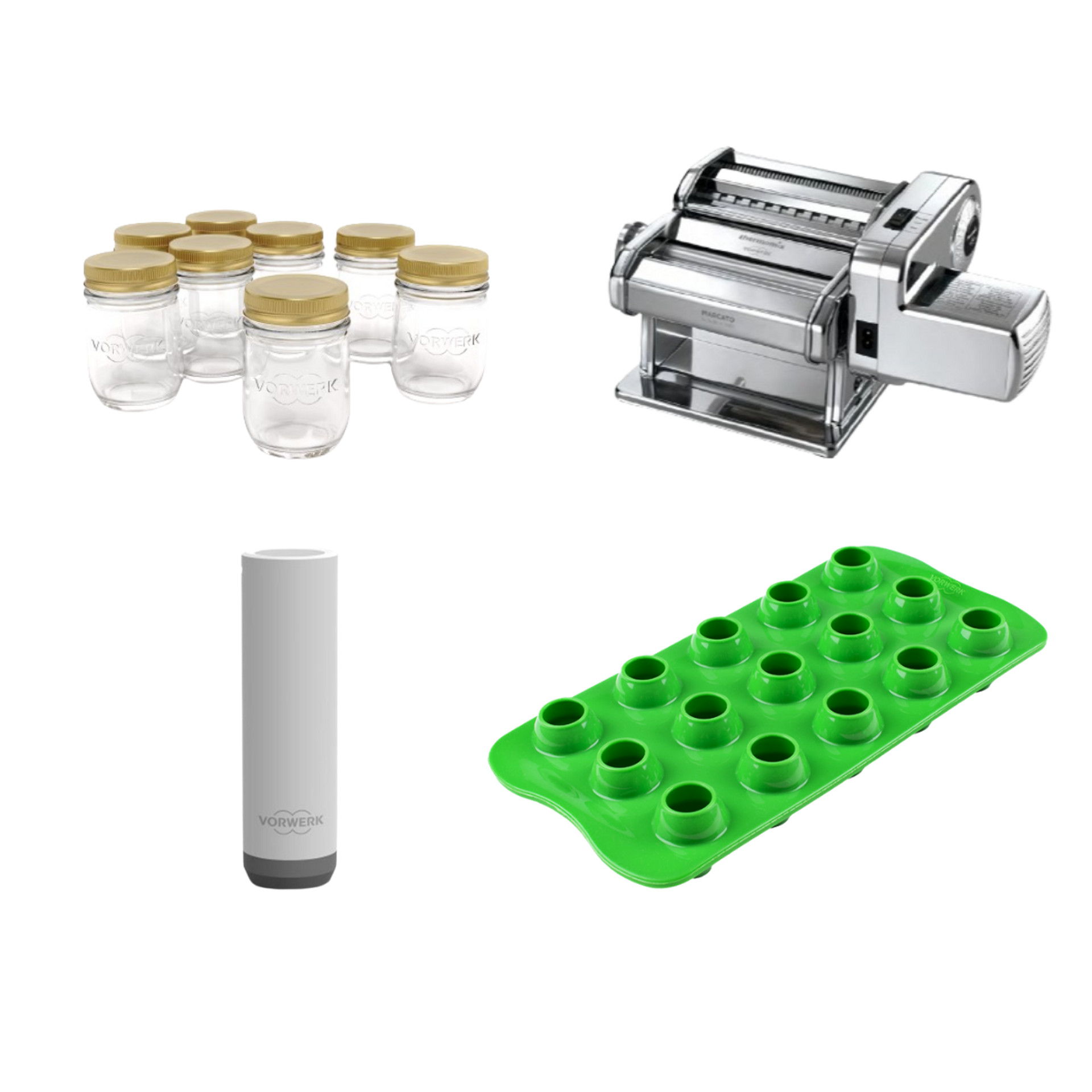 Accessoires de cuisine variés comprenant des bocaux en verre, une machine à pâtes, un moule vert et un récipient cylindrique.