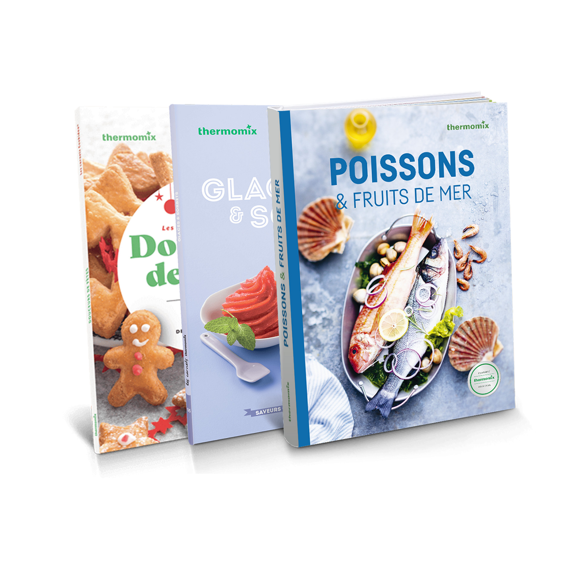 Trois livres de recettes Thermomix® en français sur les desserts, glaces et fruits de mer, disposés en éventail.
