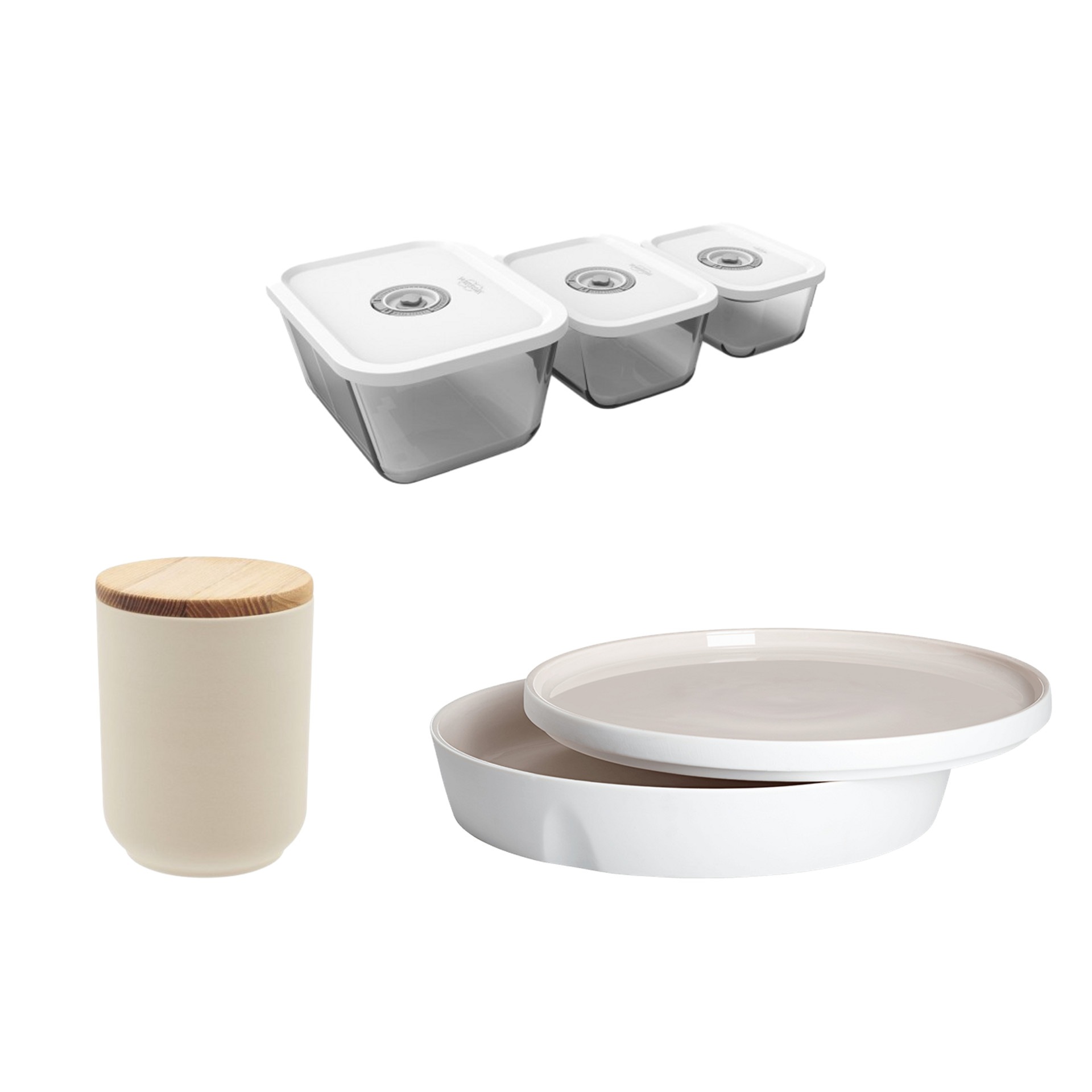 Trois boîtes alimentaires sous vide un récipient en céramique avec couvercle en bois et un plat rond en céramique avec couvercle
