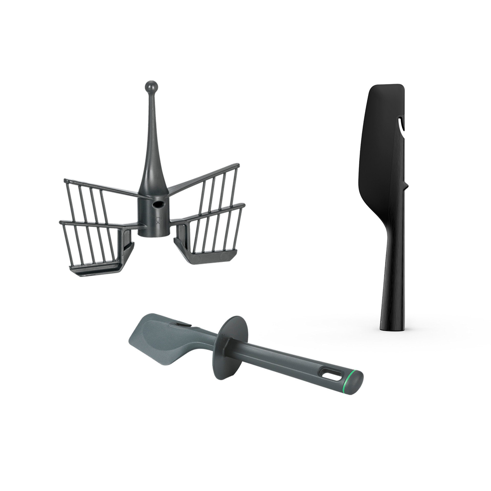 Ensemble d accessoires Thermomix comprenant fouet spatule et raclette présentés séparément sur fond neutre