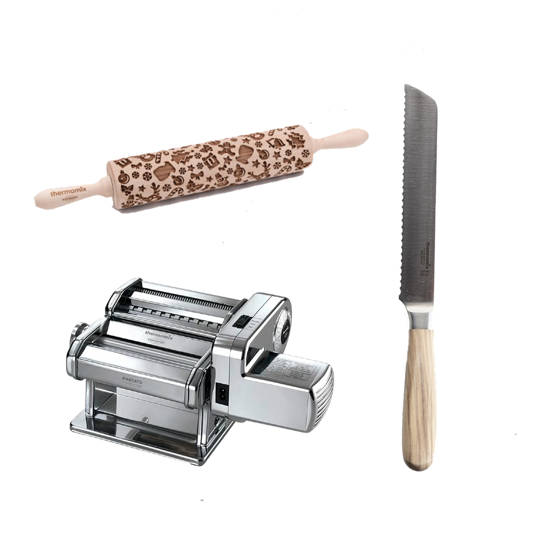 Rouleau à pâtisserie gravé machine à pâtes marquée Thermomix et couteau à pain à manche clair sur fond blanc