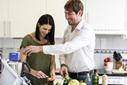 fr thermomix tm6 laughing woman man in kitchen preparing food