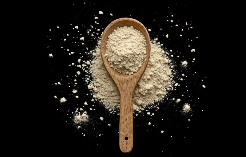 A wooden spoon filled with white powder is placed on top of the pile, creating an overhead view against a black background. The powder appears to be lumpy and textured, indicating it may have been mixed or used for cooking purposes. It is also depicted as being scattered around the plate in various directions, adding depth to the composition. This scene conveys simplicity yet detail that highlights both texture and color. --ar 47:30 --v 6.1 Job ID: 6f6176b2-45a2-4d4b-bc16-ff83b20bc228