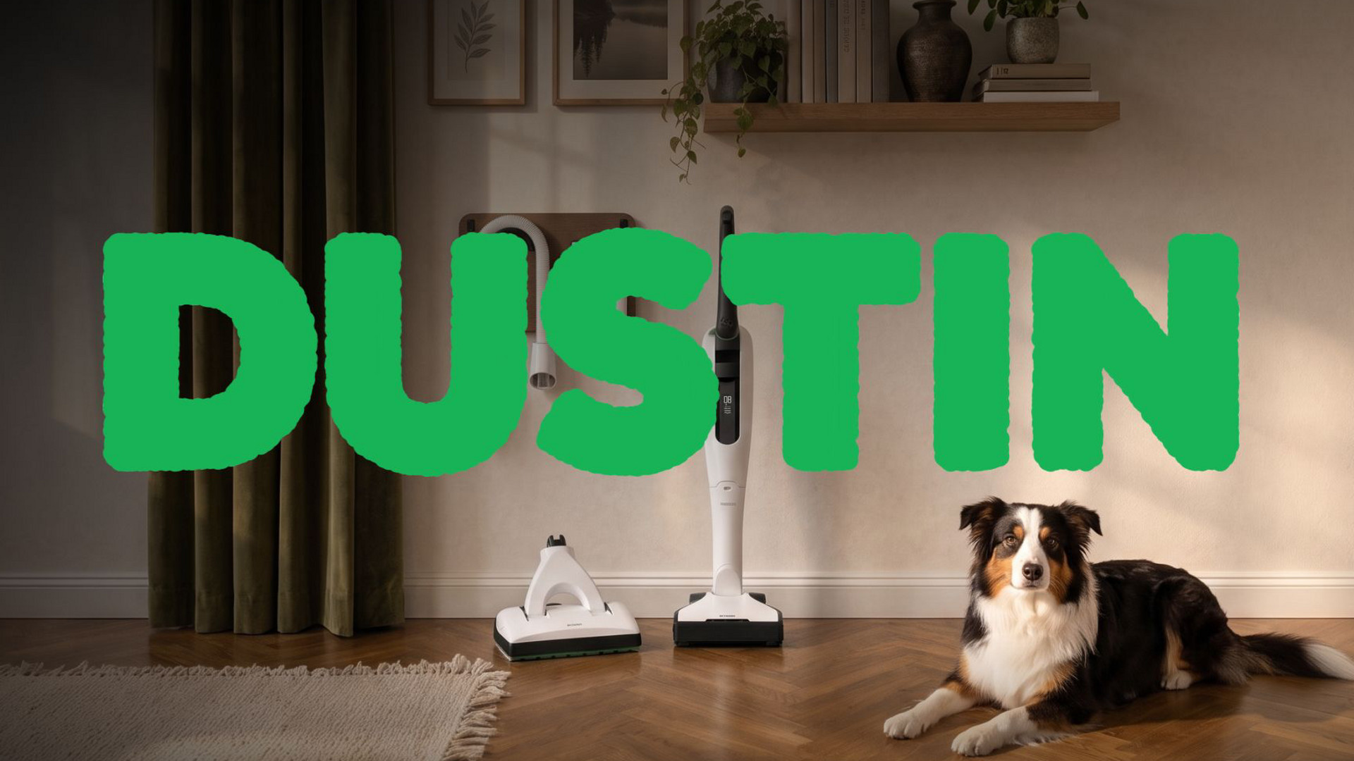 Hund liegt auf dem Boden im Wohnzimmer neben Kobold VK7 Reinigungssystemen, großer grüner Schriftzug „DUSTIN“ darüber.