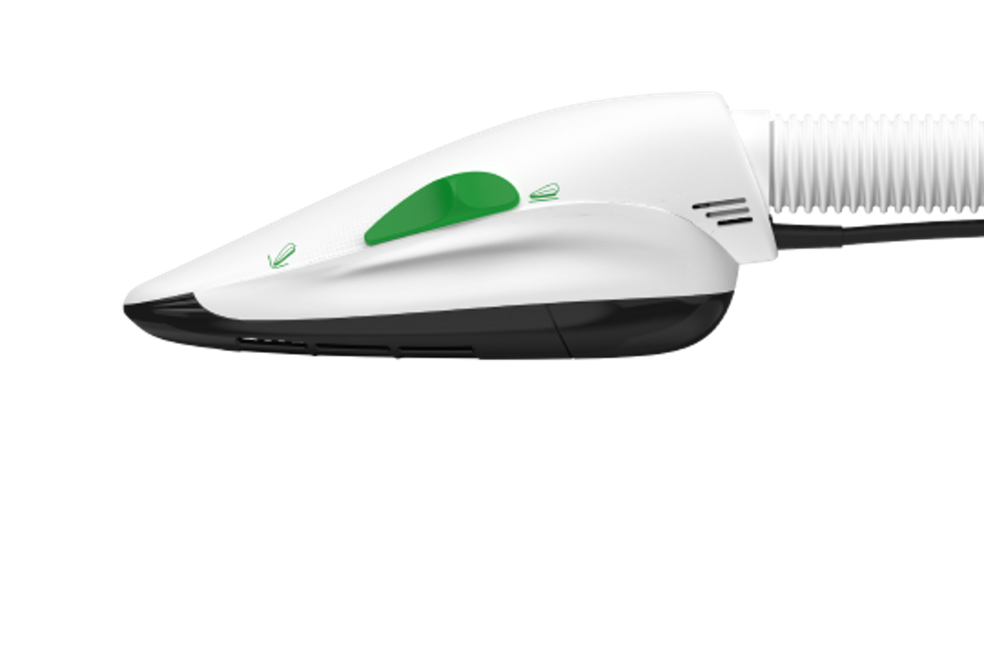 Kobold PB7 Elektro-Polsterbürste von Vorwerk, Seitenansicht mit angeschlossenem Schlauch zur Polsterreinigung.