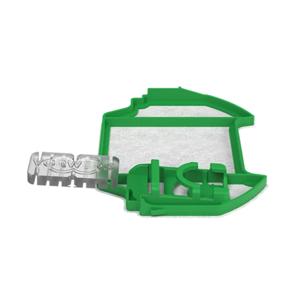 Green and white plastic Vorwerk branded cookie cutter in the shape of a vacuum cleaner on transparent background