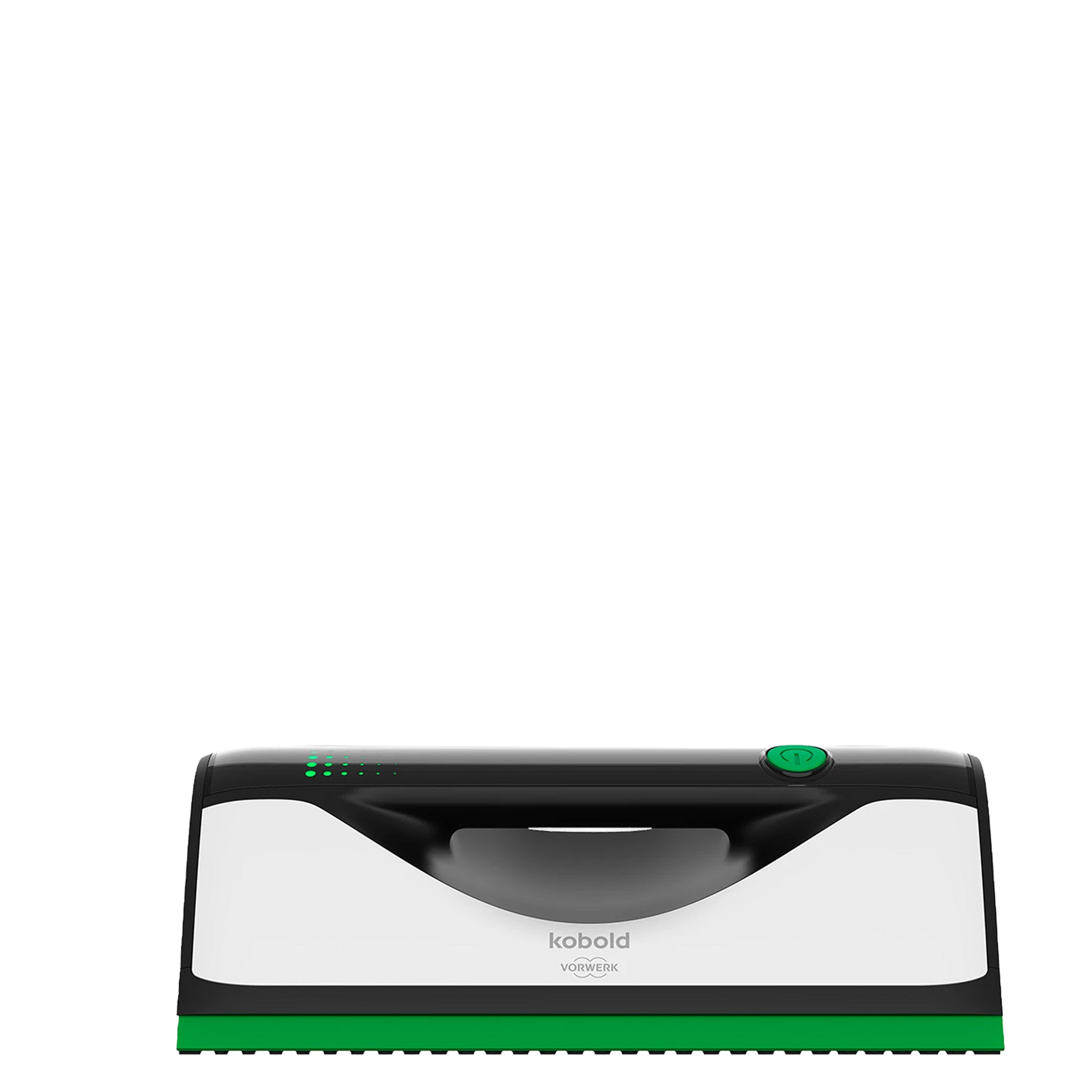 Kobold VG100+ Flächenreiniger in Weiß und Grün, vorne sichtbar mit Griff und Bedienknopf.