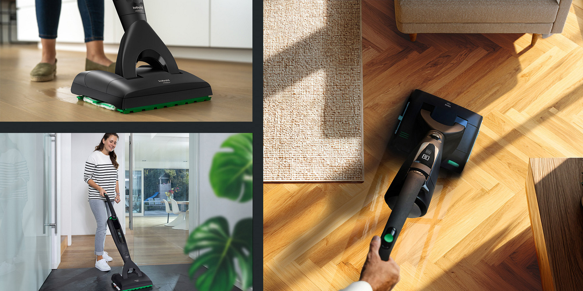 Akku-Saugwischer in Schwarz wischt Laminat, Fliesen, Parkett