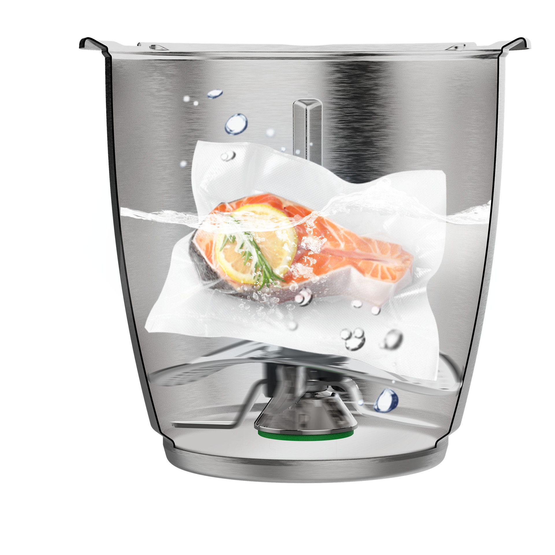 Vaso de mezcla de Thermomix® TM6 con filete de salmón al vacío para cocción sous-vide, sumergido en agua.