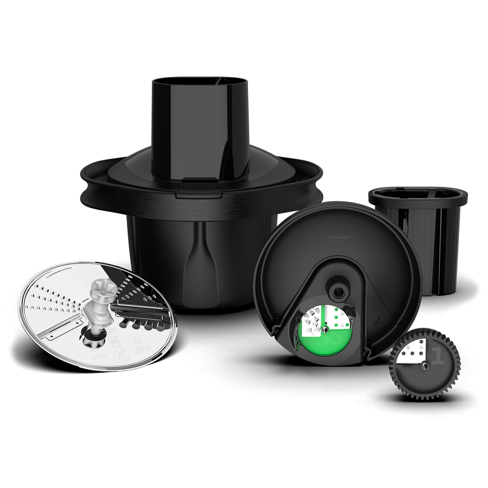 Thermomix® Cutter Plus accessory for Thermomix® TM7, shown with discs and components for slicing and grating.