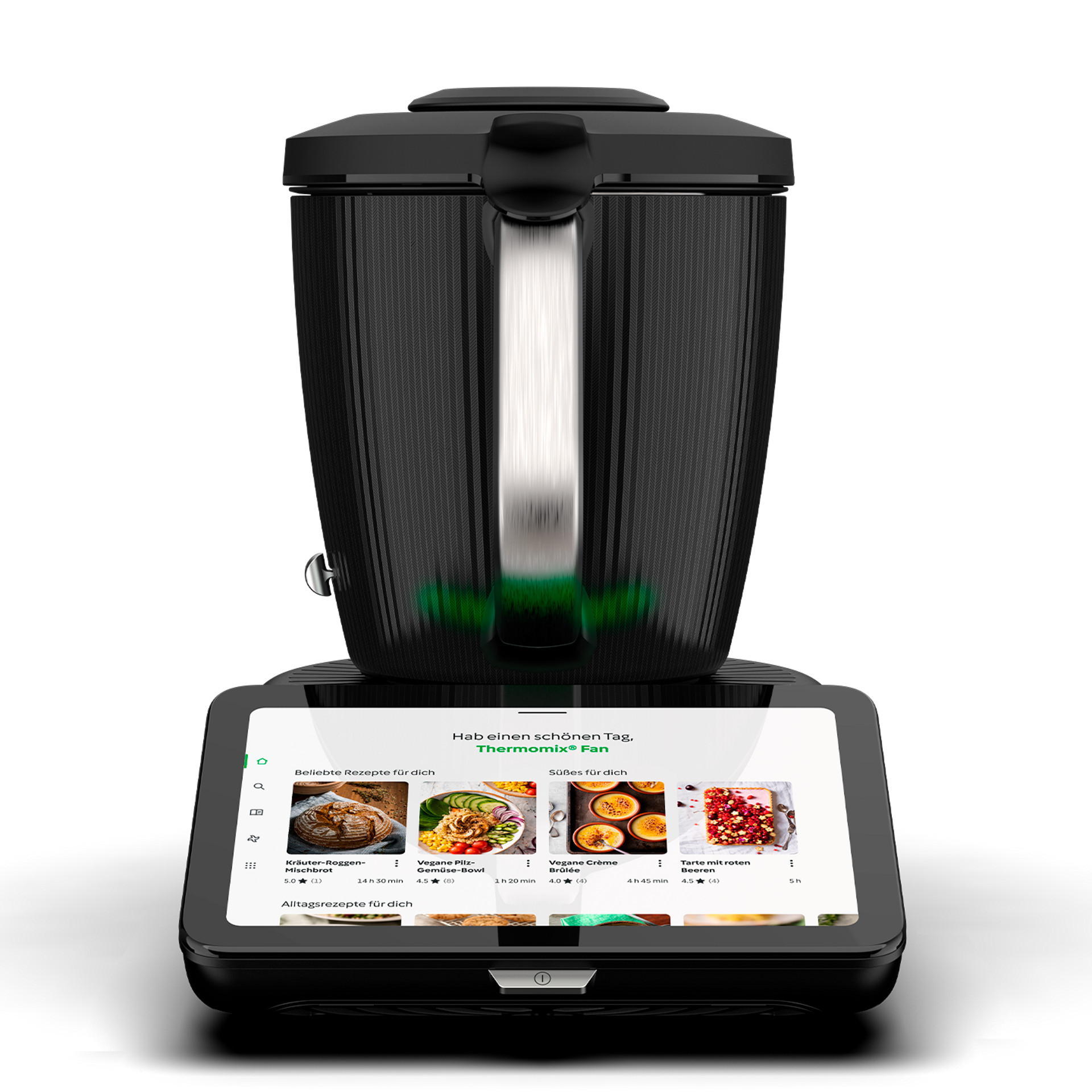 Thermomix® TM7 Küchenmaschine mit Digitaldisplay und Rezeptvorschlägen, Frontansicht.