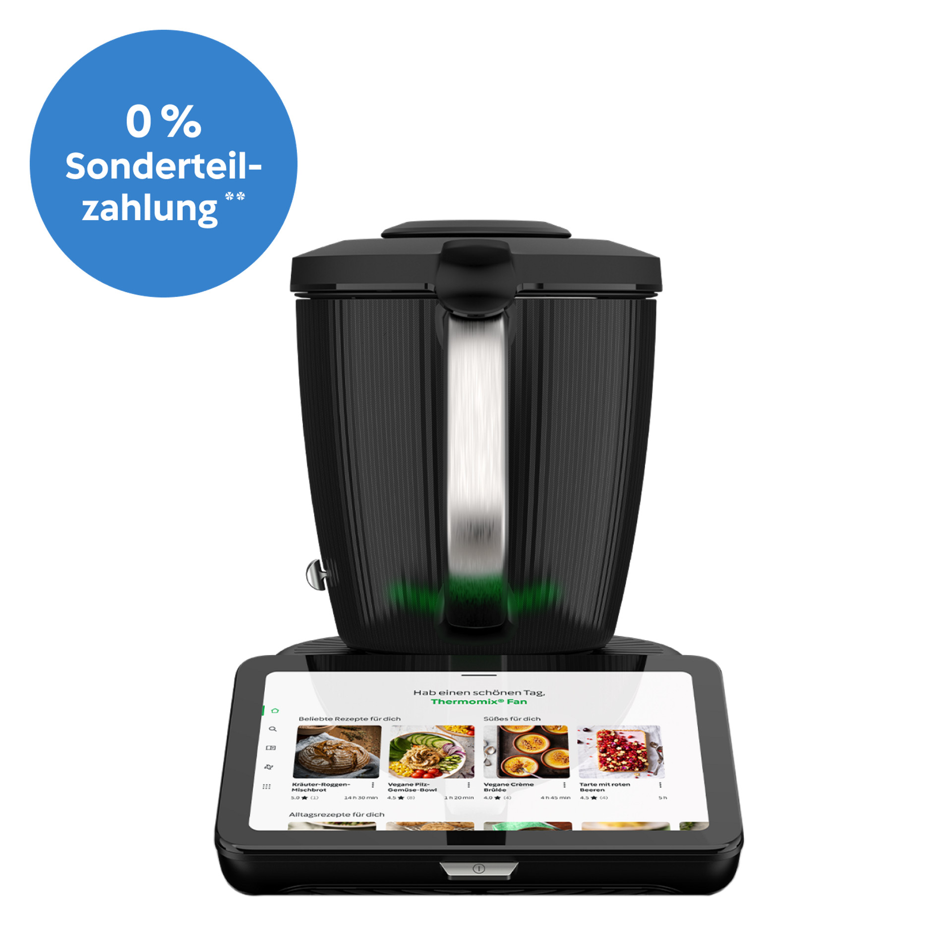 Frontansicht des Thermomix® TM7 mit Display, blaue Kreisgrafik mit „0% Sonderteilzahlung“.