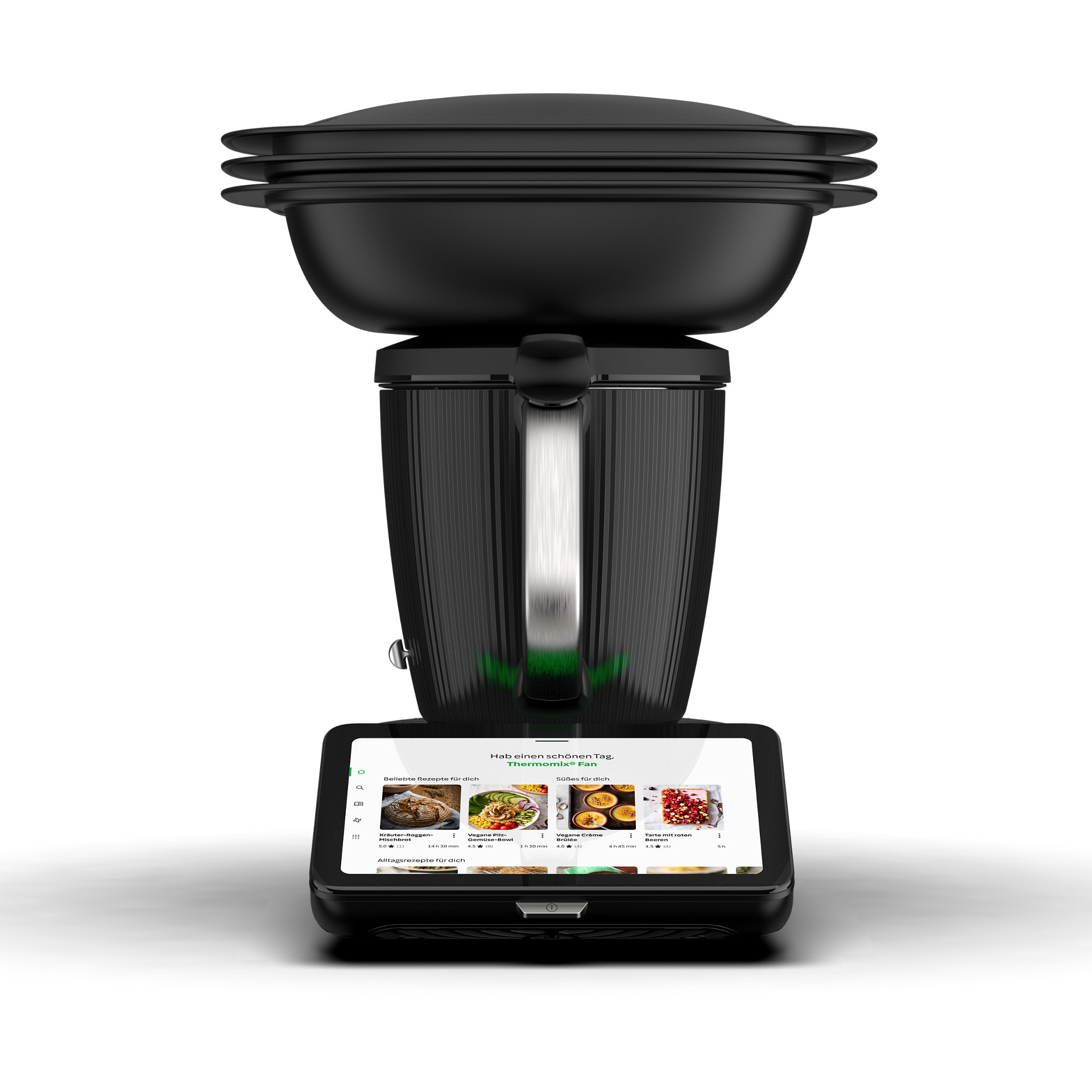 Thermomix® TM7 mit Varoma Aufsatz, Display zeigt Rezeptauswahl.
