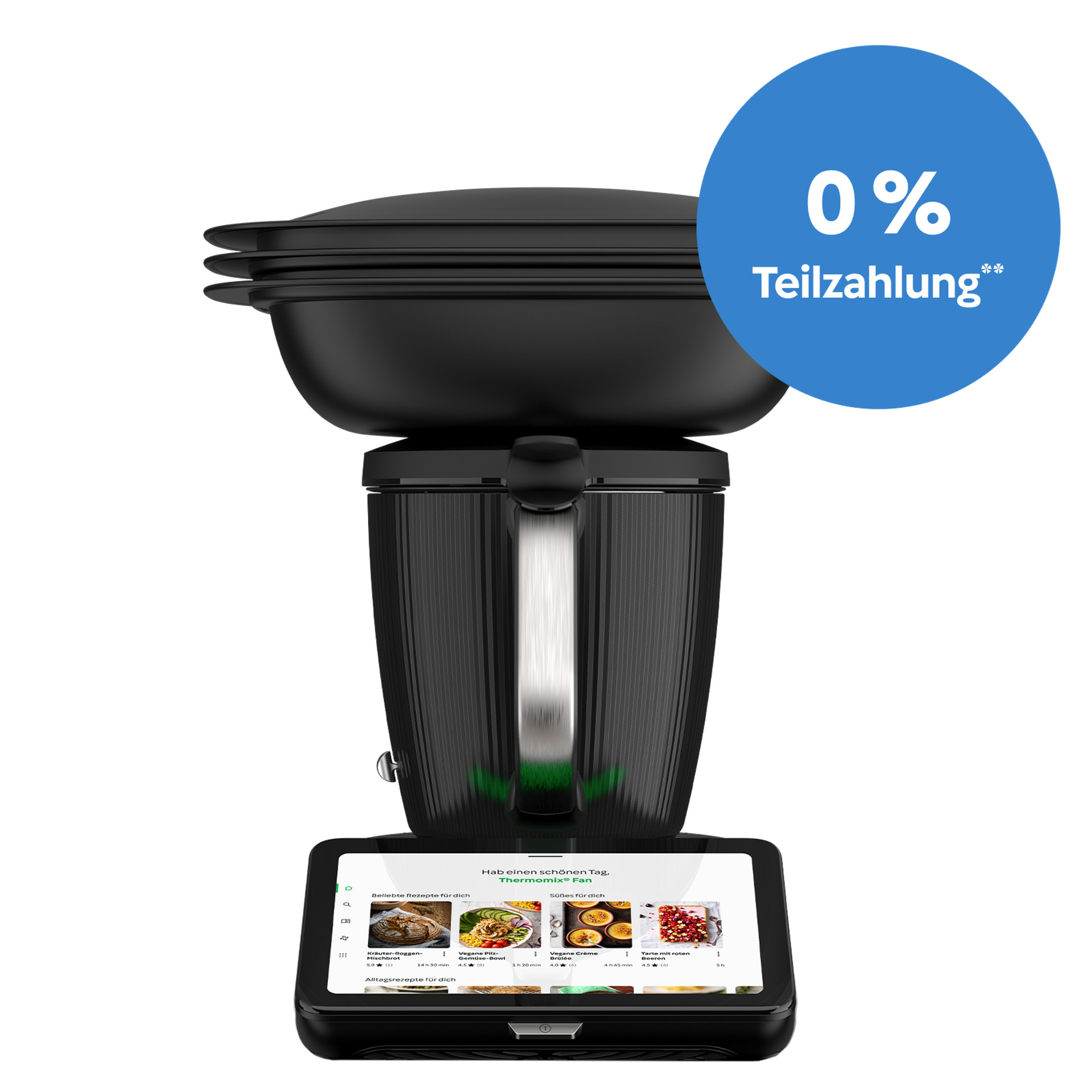 Thermomix® TM7 mit Varoma und blauem Kreis mit weißem Text „0 % Teilzahlung“.