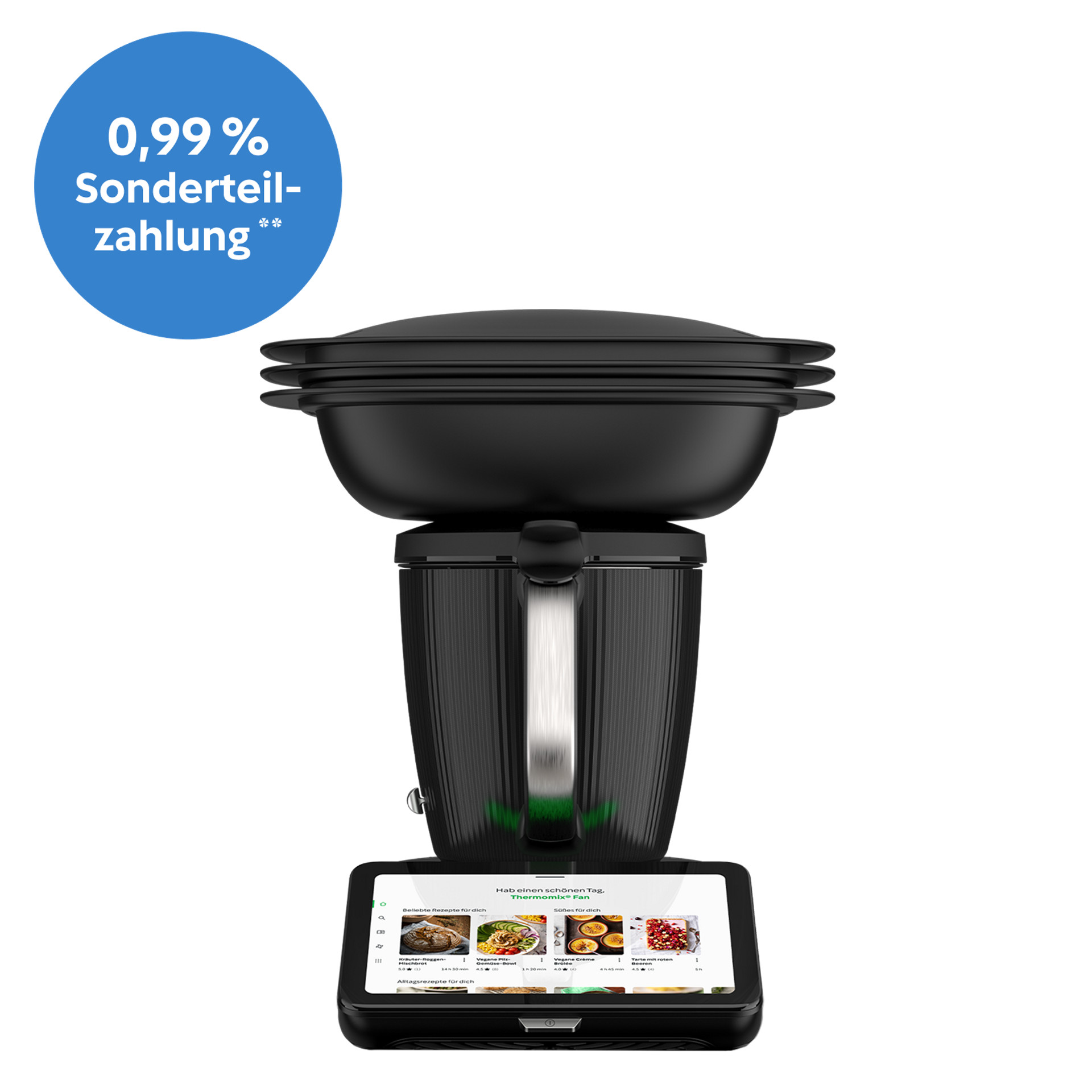 Thermomix® TM7 mit Varoma, Display zeigt Rezeptauswahl, blauer Bubble 0,99 % Sonderteilzahlung
