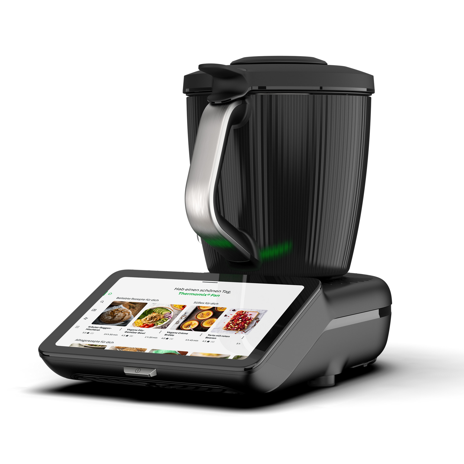 Thermomix® TM7 z czarną misą miksującą i wyświetlaczem z przepisami, widok z boku pod kątem.