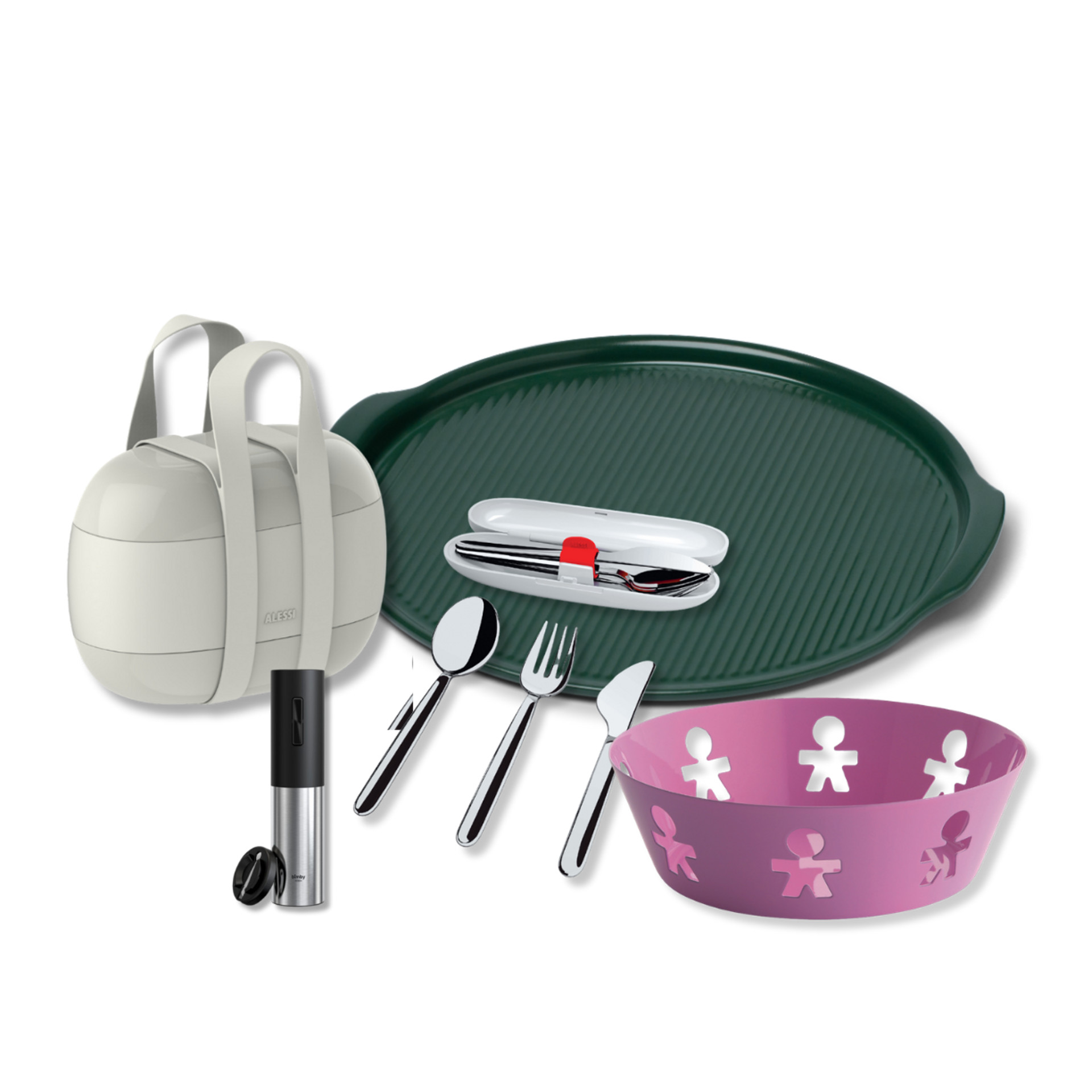 Accessori da cucina assortiti lunch box set di posate vassoio verde ciotola rosa e sous vide stick